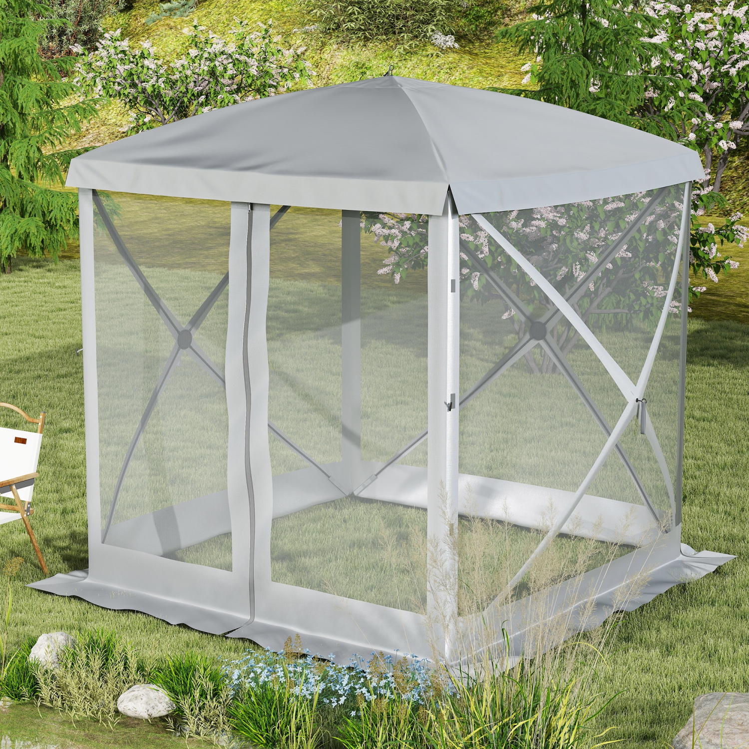 Outsunny 7 x 7ft Pop-Up Screen House Gazebo Camping Outdoor Instant Setup Tent Fits 3-4 People 210D Material w/ Carry Bag & Ground Stakes, Light Grey