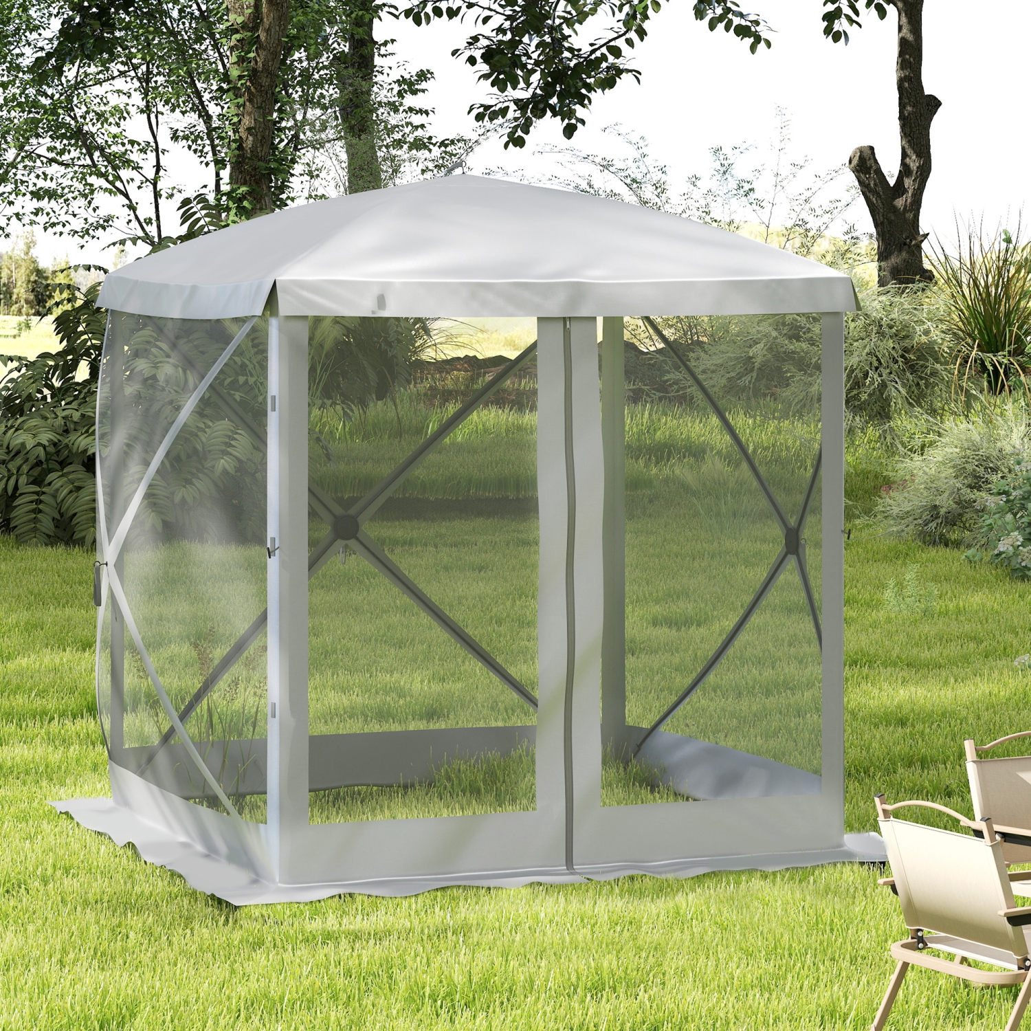 Outsunny 7 x 7ft Pop-Up Screen House Gazebo Camping Outdoor Instant Setup Tent Fits 3-4 People 210D Material w/ Carry Bag & Ground Stakes, Light Grey