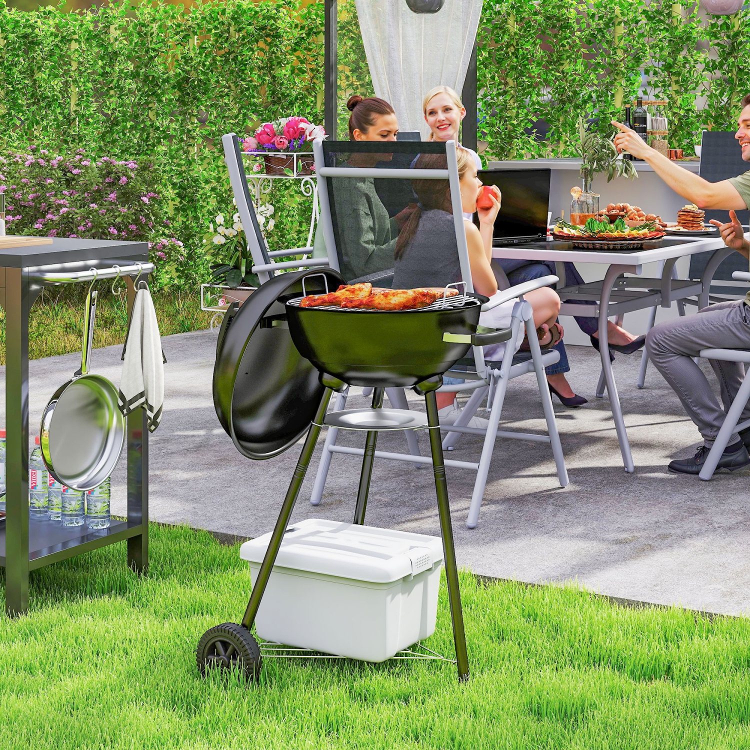 Outsunny 17" Kettle Charcoal BBQ Grill with BBQ Accessories, Barbecue Grill with Shelf, Ash Catcher, Wheels, Handles for Outdoor Cooking, Patio