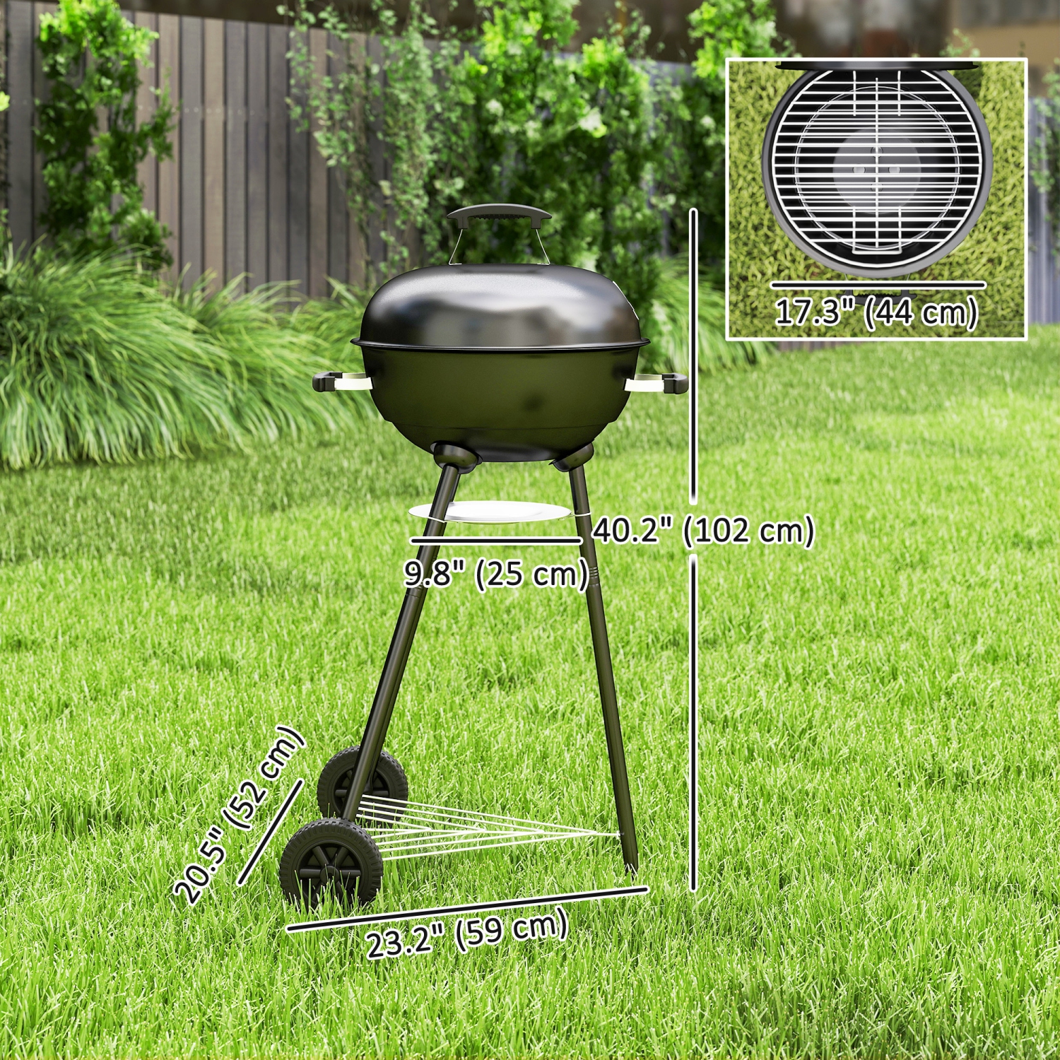 Outsunny 17" Kettle Charcoal BBQ Grill with BBQ Accessories, Barbecue Grill with Shelf, Ash Catcher, Wheels, Handles for Outdoor Cooking, Patio