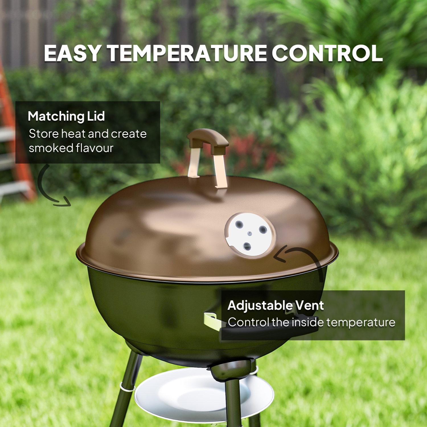 Outsunny 17" Kettle Charcoal BBQ Grill with BBQ Accessories, Barbecue Grill with Shelf, Ash Catcher, Wheels, Handles for Outdoor Cooking, Patio