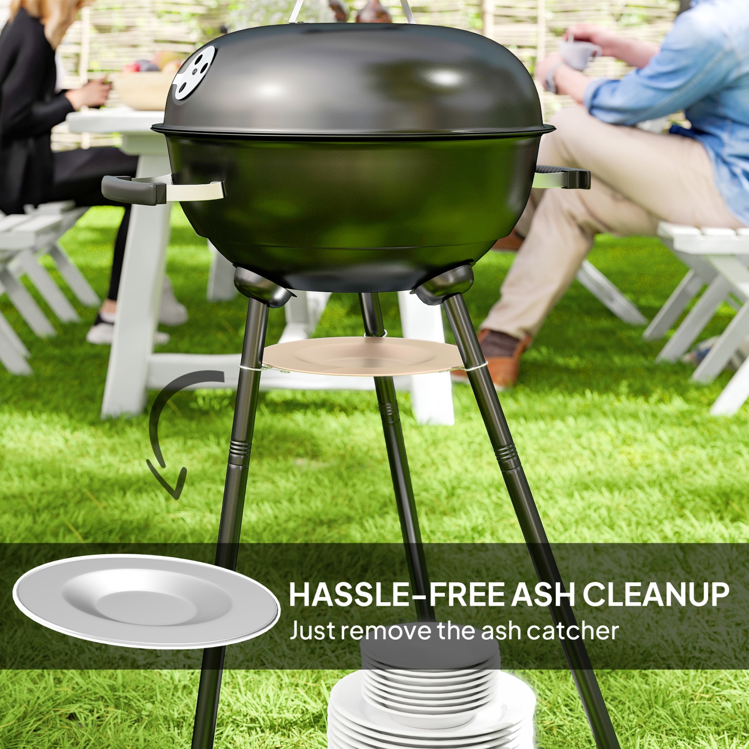 Outsunny 17" Kettle Charcoal BBQ Grill with BBQ Accessories, Barbecue Grill with Shelf, Ash Catcher, Wheels, Handles for Outdoor Cooking, Patio