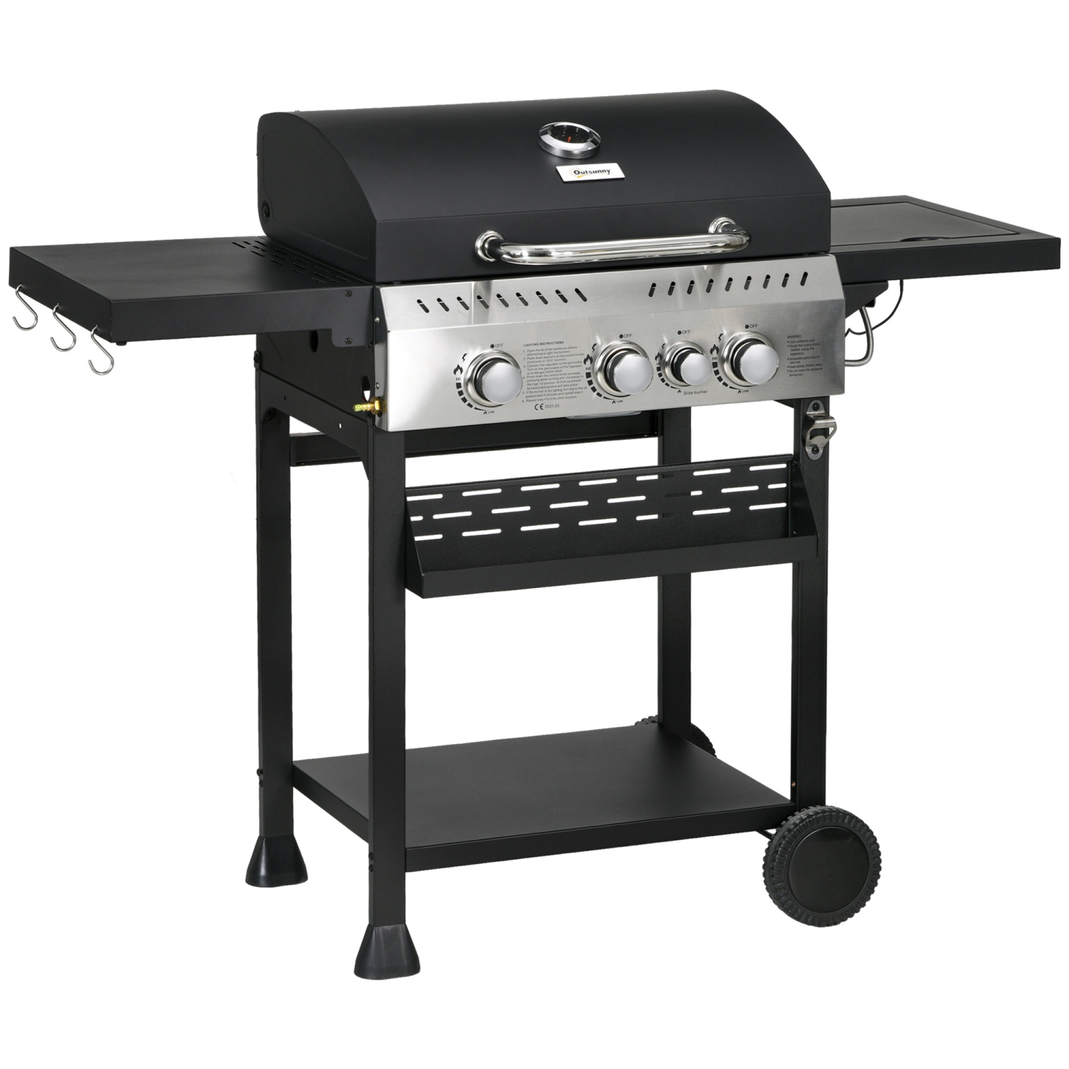 Outsunny Propane Gas Grill with 3 Main Burners, 1 Side Burner, 38,000 BTU Outdoor BBQ Grill Cart with Wheels, Warming Rack, Shelves, Thermometer,