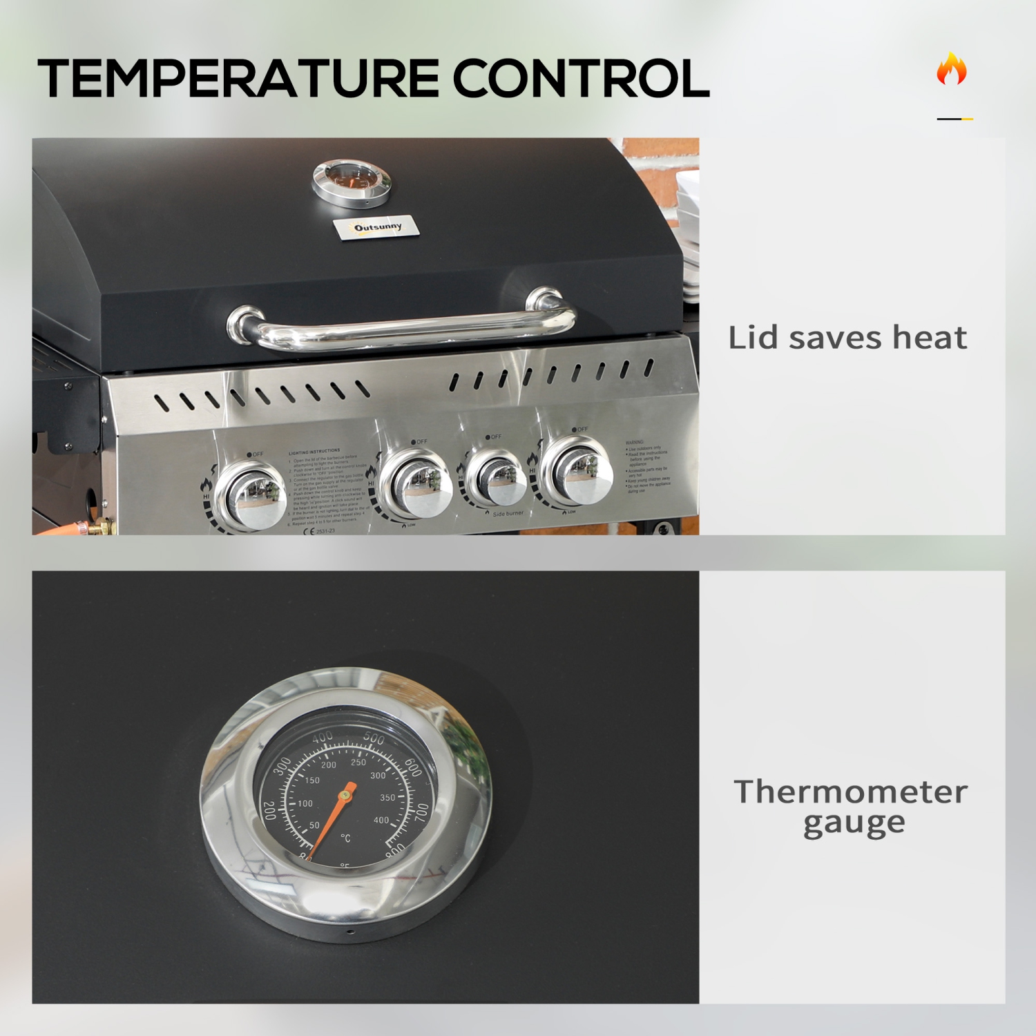 Outsunny Propane Gas Grill with 3 Main Burners, 1 Side Burner, 38,000 BTU Outdoor BBQ Grill Cart with Wheels, Warming Rack, Shelves, Thermometer,