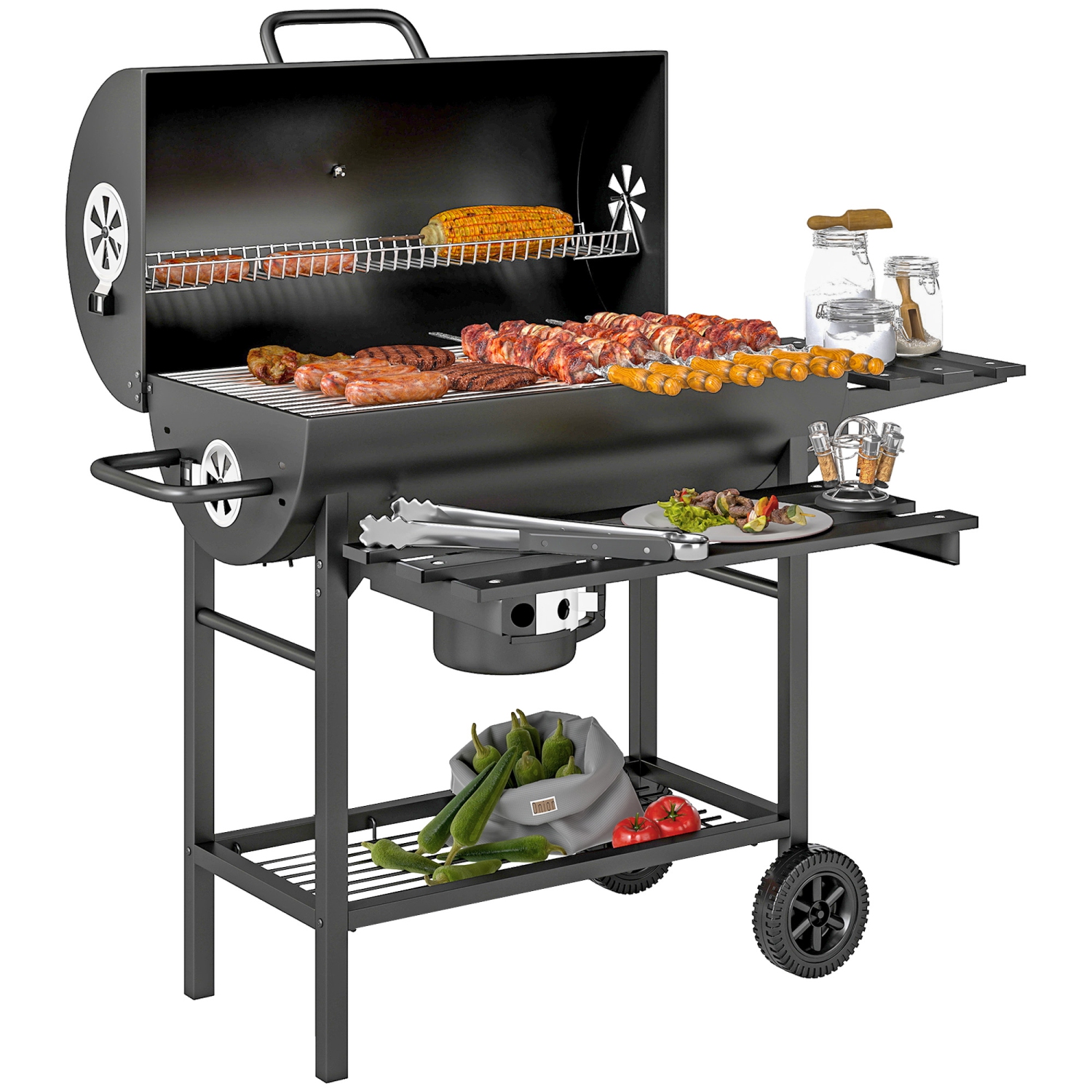 Outsunny 29" Charcoal BBQ Grill with Foldable Front Side Table, Barbecue Grill with Spacious Cooking Area, Shelf, Lid, Thermometer, Wheels for