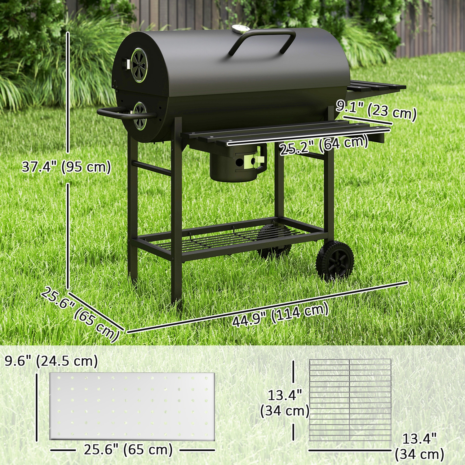 Outsunny 29" Charcoal BBQ Grill with Foldable Front Side Table, Barbecue Grill with Spacious Cooking Area, Shelf, Lid, Thermometer, Wheels for