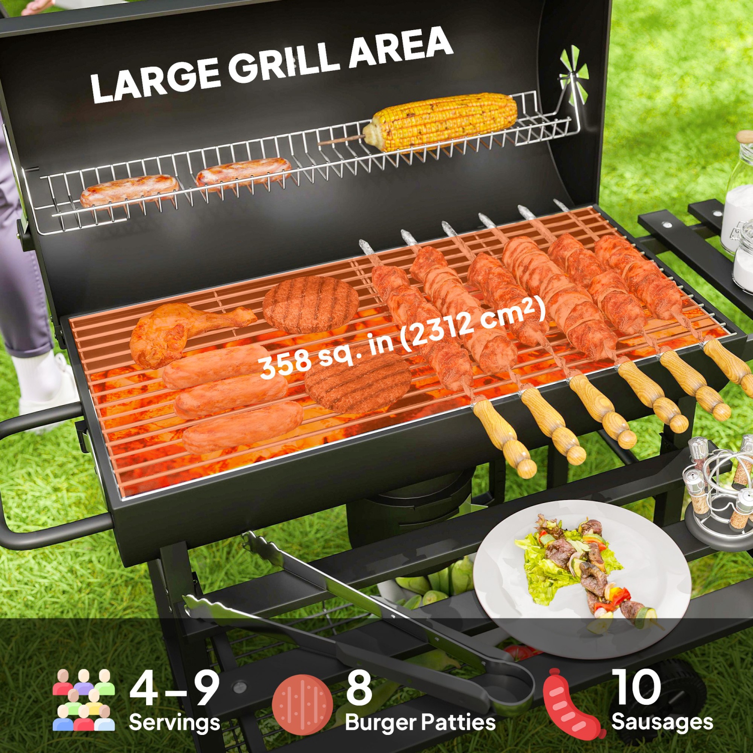 Outsunny 29" Charcoal BBQ Grill with Foldable Front Side Table, Barbecue Grill with Spacious Cooking Area, Shelf, Lid, Thermometer, Wheels for