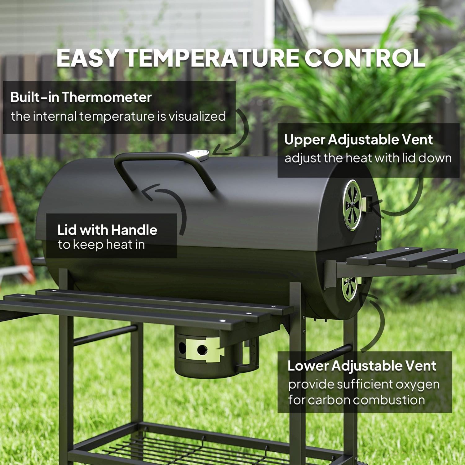 Outsunny 29" Charcoal BBQ Grill with Foldable Front Side Table, Barbecue Grill with Spacious Cooking Area, Shelf, Lid, Thermometer, Wheels for
