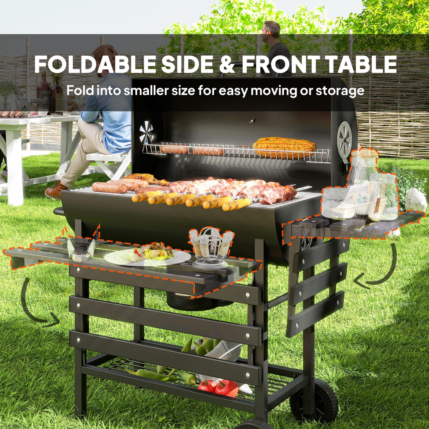 Outsunny 29" Charcoal BBQ Grill with Foldable Front Side Table, Barbecue Grill with Spacious Cooking Area, Shelf, Lid, Thermometer, Wheels for