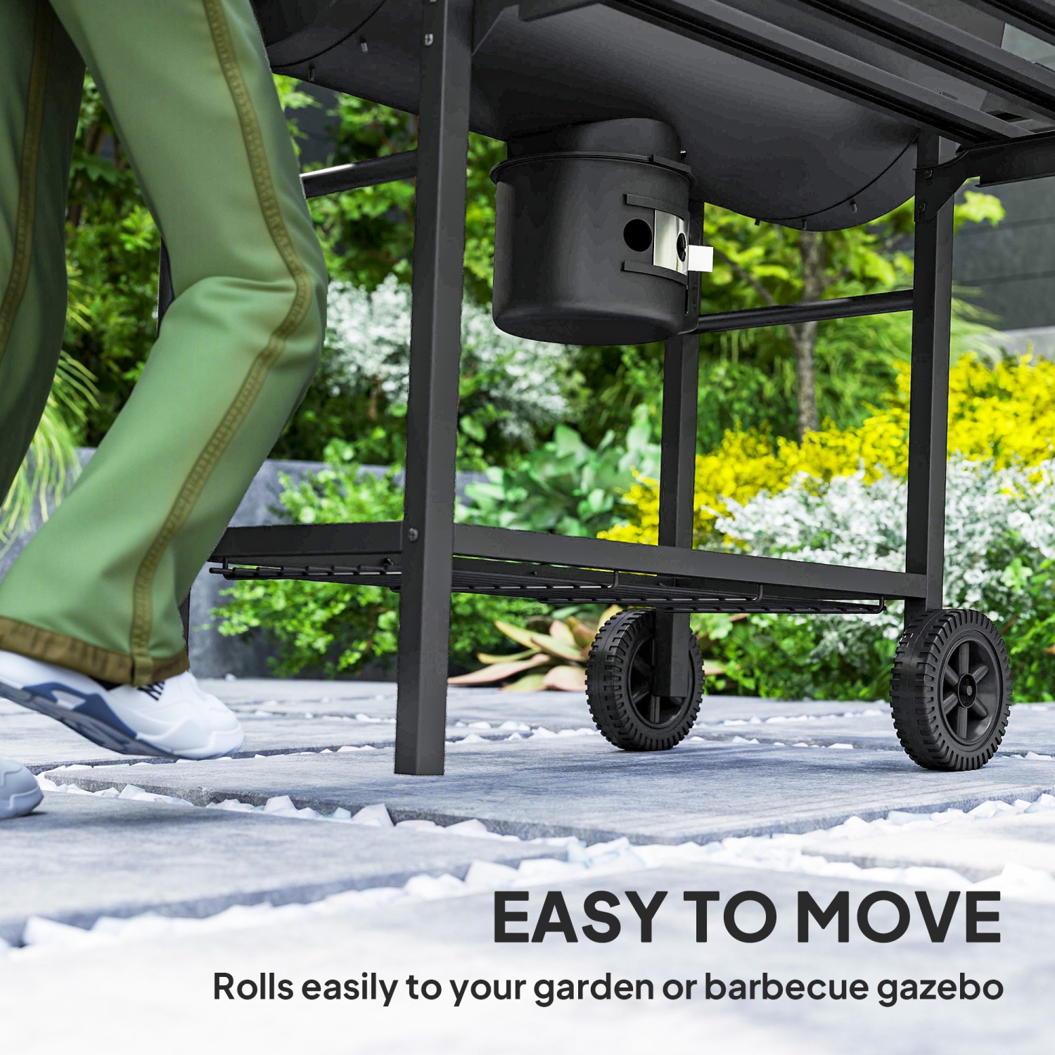 Outsunny 29" Charcoal BBQ Grill with Foldable Front Side Table, Barbecue Grill with Spacious Cooking Area, Shelf, Lid, Thermometer, Wheels for