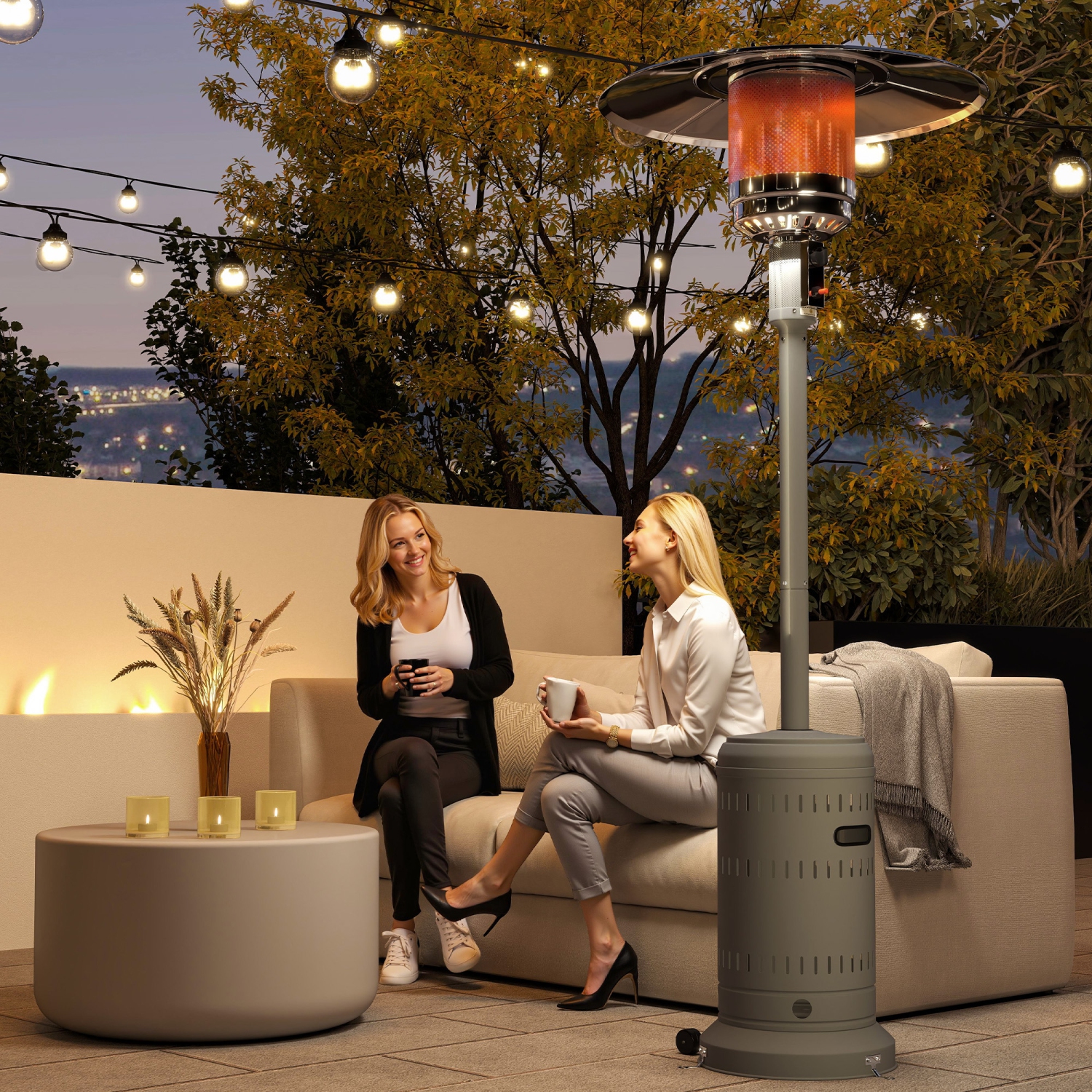 Outsunny 48000 BTU Portable Outdoor Propane Heater, Free Standing Adjustable Patio Gas Heater with Tip-over Protection and Wheels for Garden, 32.3" x