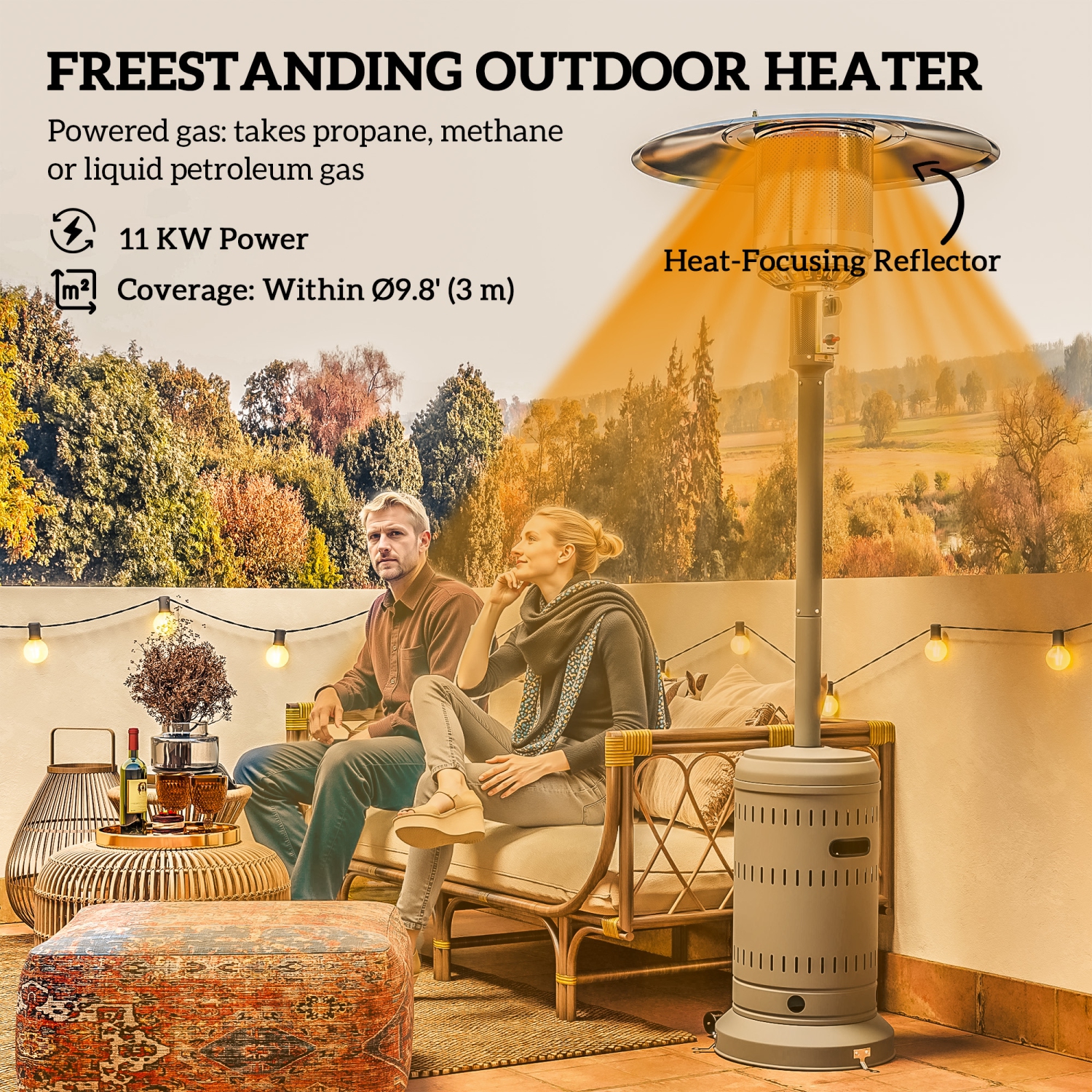 Outsunny 48000 BTU Portable Outdoor Propane Heater, Free Standing Adjustable Patio Gas Heater with Tip-over Protection and Wheels for Garden, 32.3" x