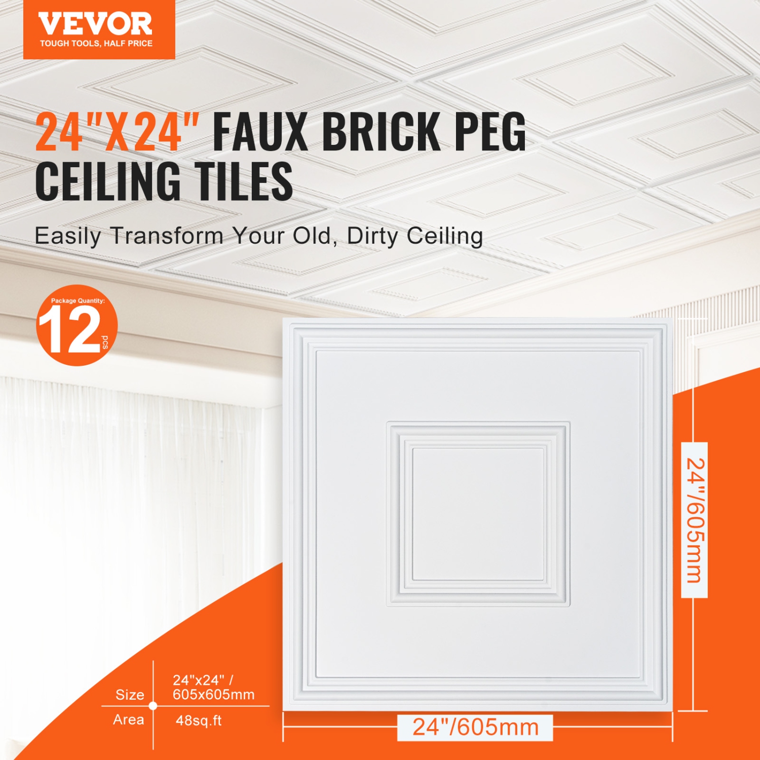 VEVOR Ceiling Tiles, 12-Pack 24 x 24 in, Drop Ceiling Tiles Premium PVC Sheet, Easy Installation/ Cutting Plastic Glue-up Ceiling Tile, for