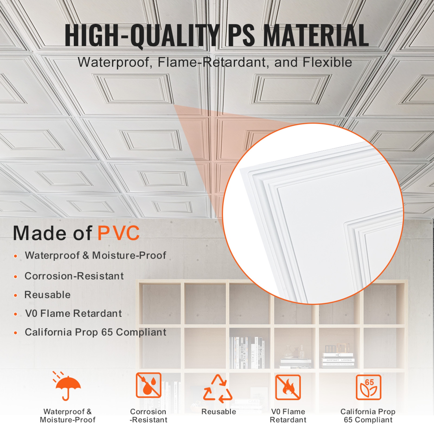 VEVOR Ceiling Tiles, 12-Pack 24 x 24 in, Drop Ceiling Tiles Premium PVC Sheet, Easy Installation/ Cutting Plastic Glue-up Ceiling Tile, for