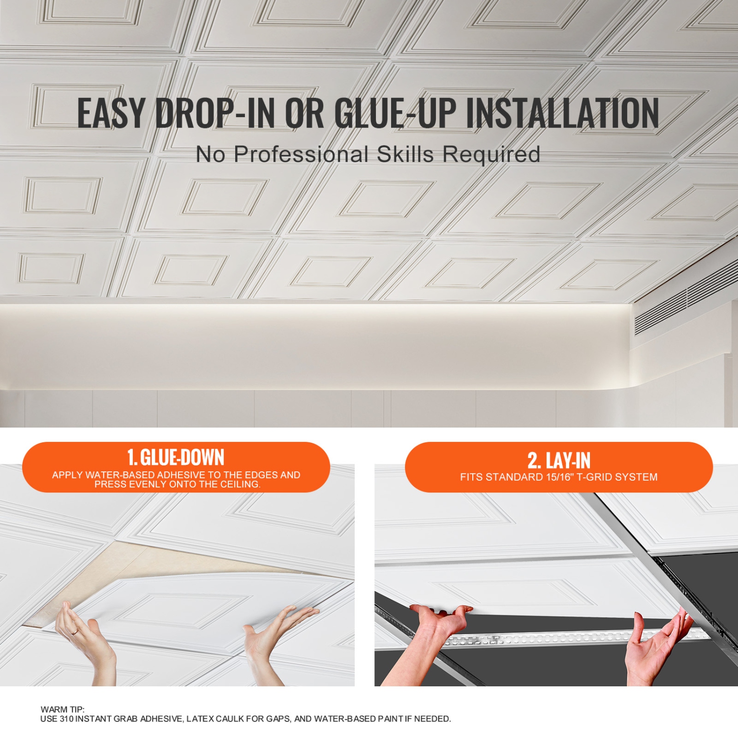 VEVOR Ceiling Tiles, 12-Pack 24 x 24 in, Drop Ceiling Tiles Premium PVC Sheet, Easy Installation/ Cutting Plastic Glue-up Ceiling Tile, for