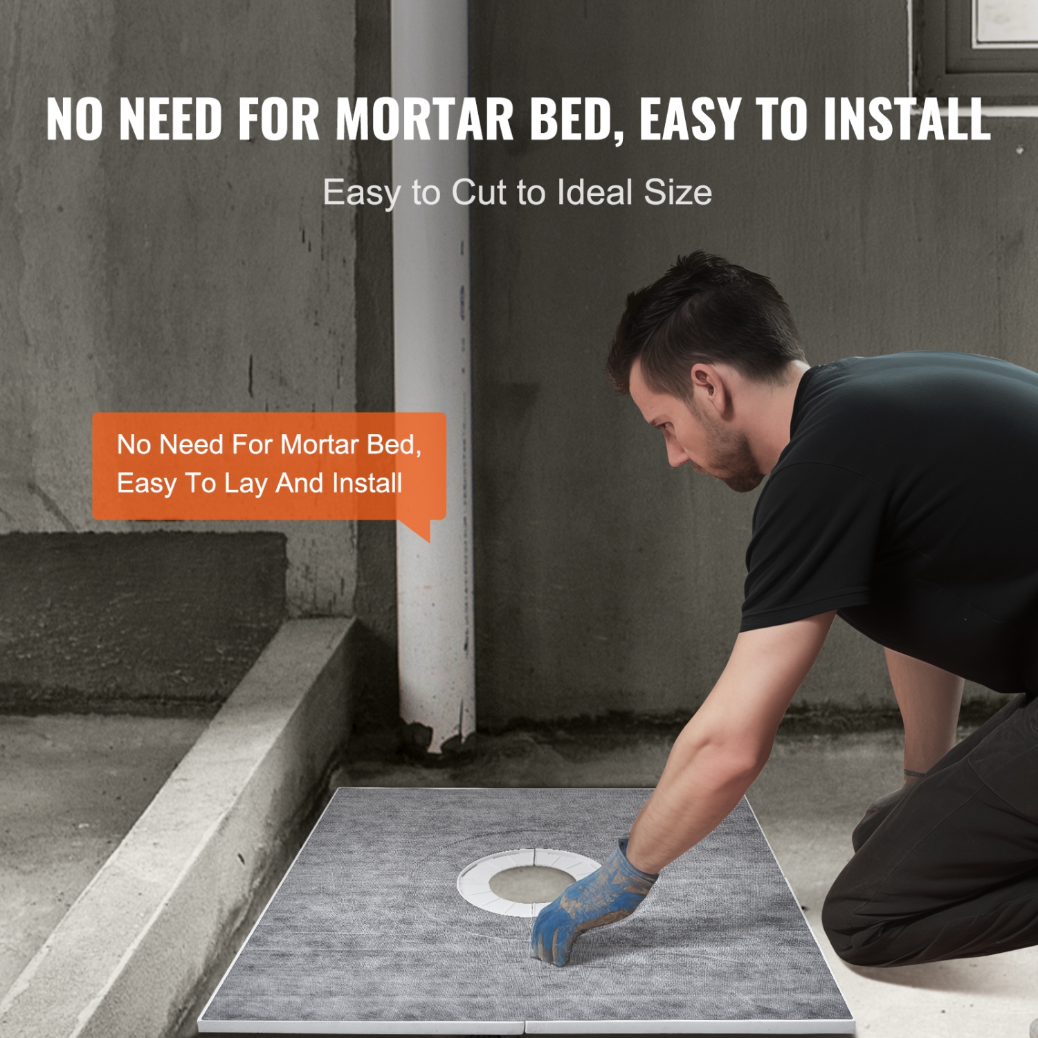 VEVOR 36"x36" Shower Curb Kit, Shower Pan Kit with 6.3" Central Drain, Lightweight EPS Shower Installation Kits with 2 Waterproof Cloths, Shower Pan