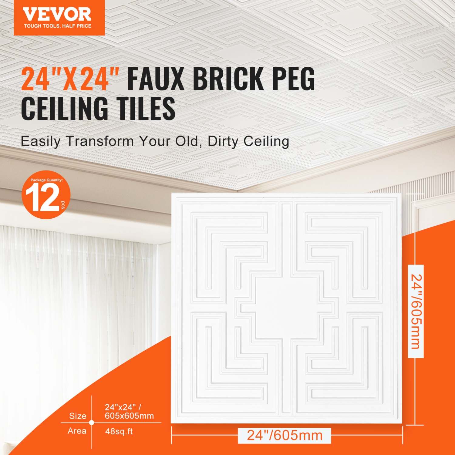 VEVOR 12-Pack 24 x 24in Ceiling Tiles, Drop Ceiling Tiles Premium PVC Sheet, Easy Installation/ Cutting Plastic Glue-up Ceiling Tile, for Home/Office