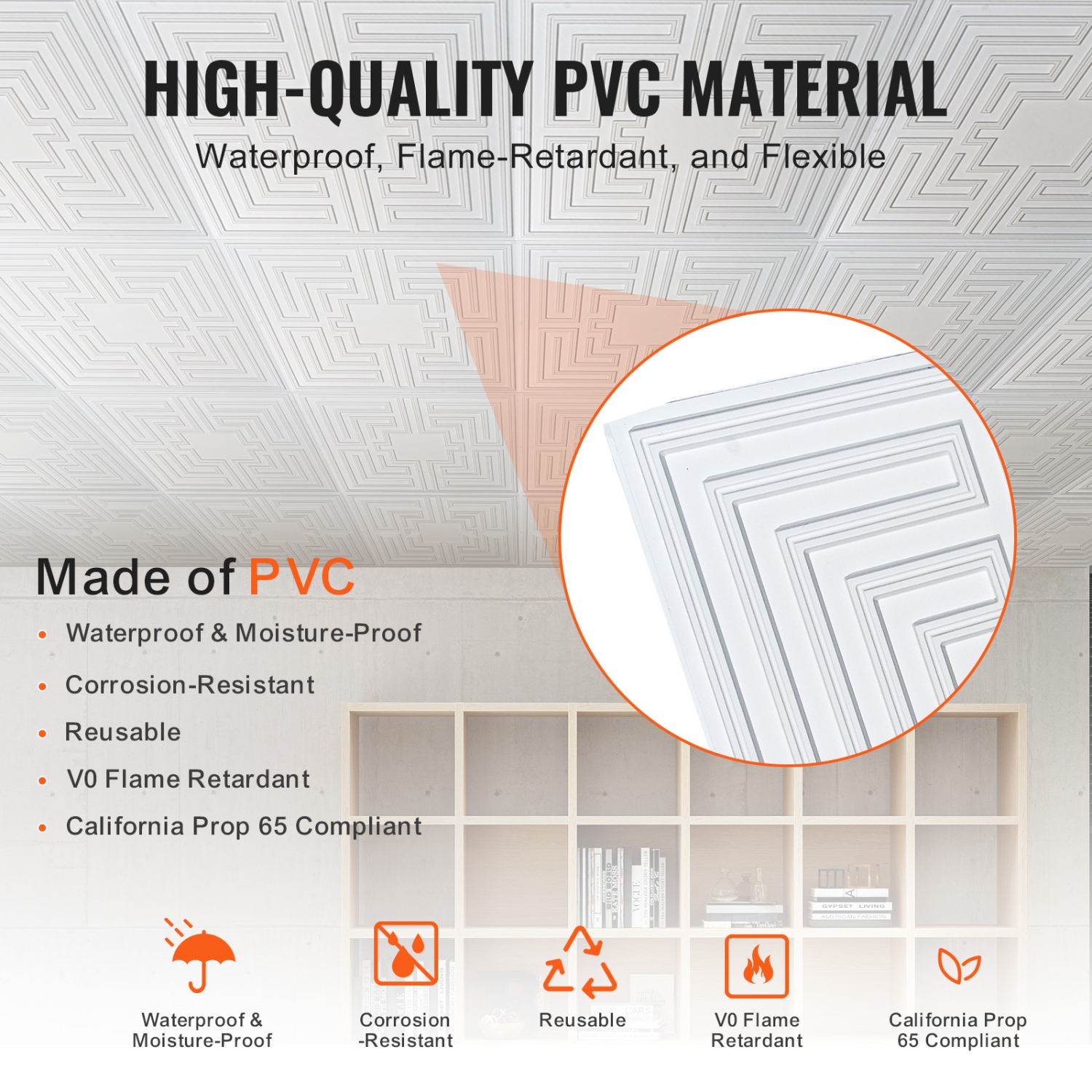 VEVOR 12-Pack 24 x 24in Ceiling Tiles, Drop Ceiling Tiles Premium PVC Sheet, Easy Installation/ Cutting Plastic Glue-up Ceiling Tile, for Home/Office