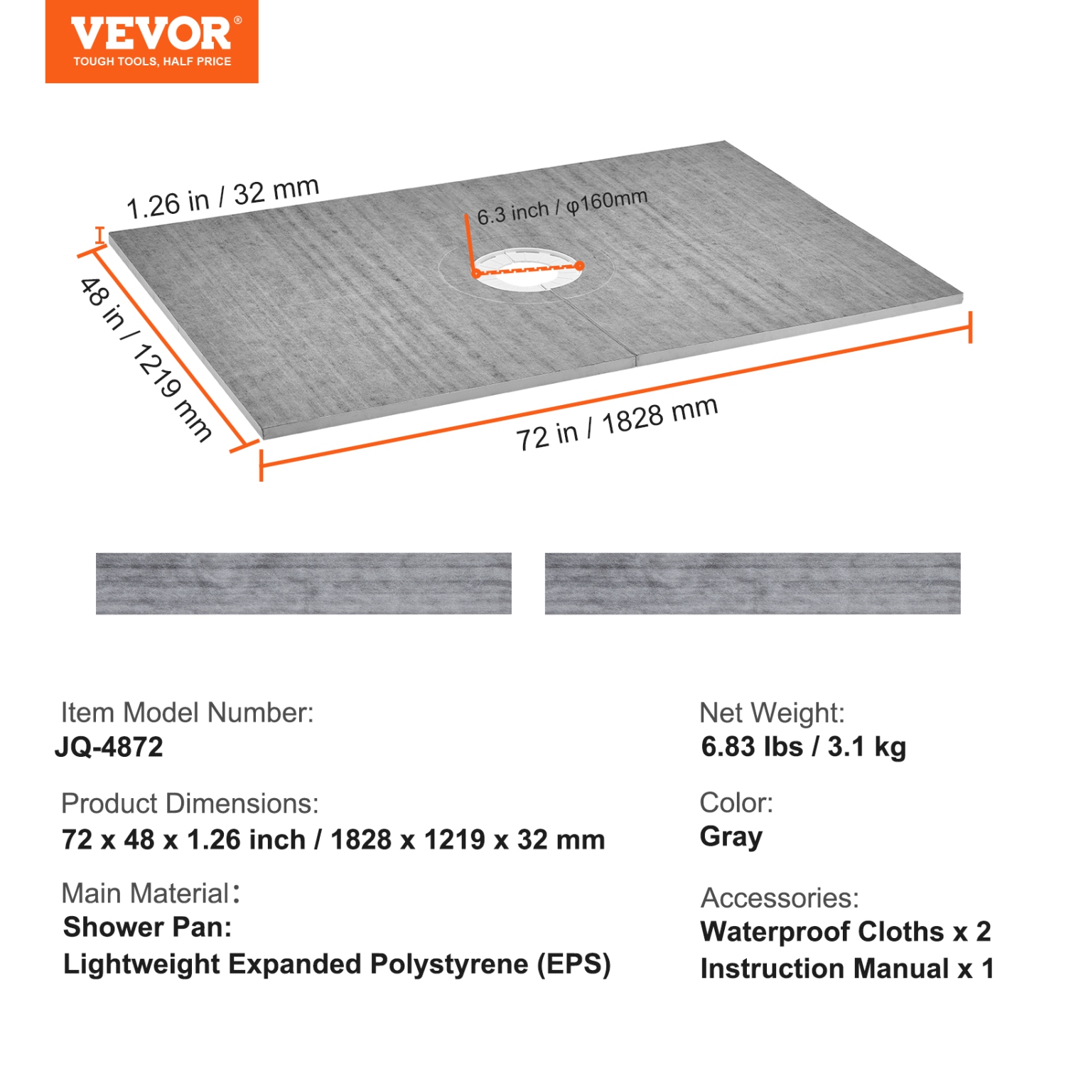 VEVOR 48"x72" Shower Curb Kit,Shower Pan Kit with 6.3" Central Drain, Lightweight EPS Shower Installation Kits with 2 Waterproof Cloths, Shower Pan