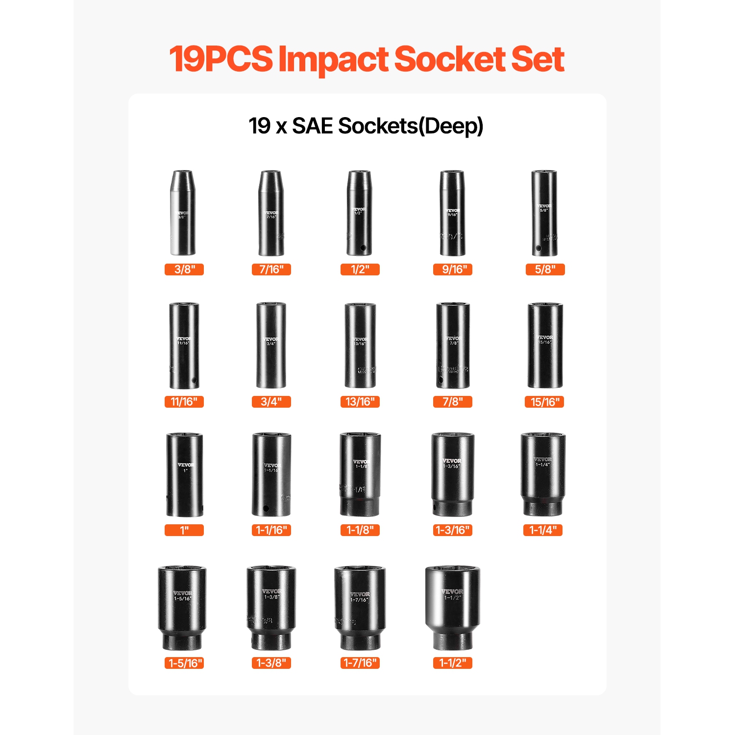 VEVOR 1/2" Impact Socket Set, 19 Piece Impact Sockets, 6-Point Sockets, 1/2 Inches Drive Socket Set Impact 3/8 inch - 1-1/2 inch, Cr-V Rugged