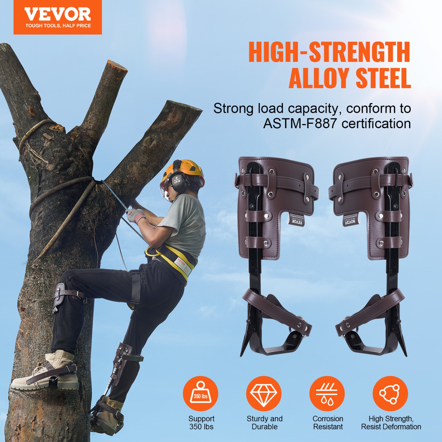 VEVOR 1 Pair Alloy Steel Climbing Spurs, 350lbs Load Capacity Tree Climbing Gear with Straps and Spike Protectors, Arborist Equipment for Climbers,