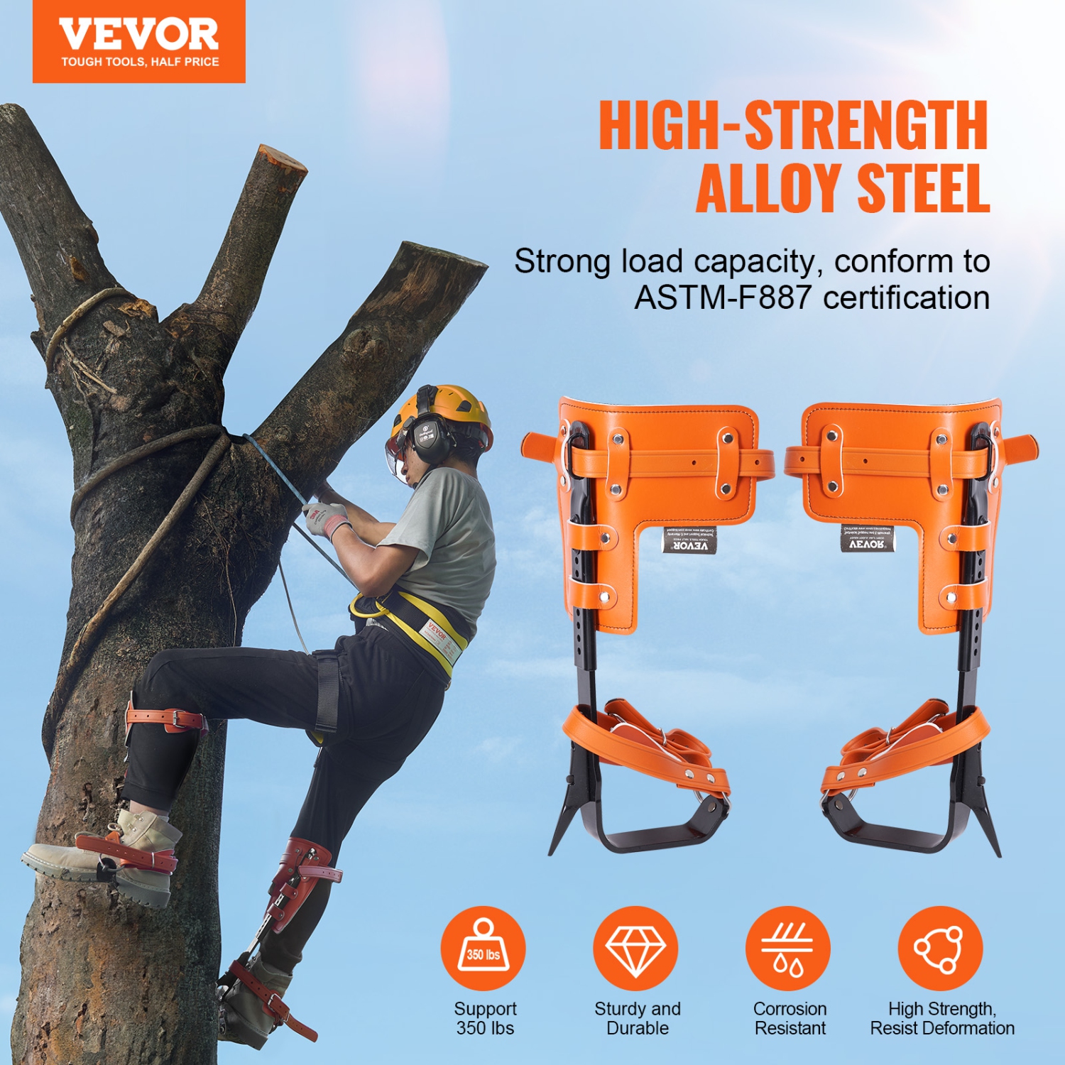 VEVOR 1 Pair Alloy Steel Climbing Spurs, 350lbs Load Capacity Tree Climbing Gear with Straps and Spike Protectors, Arborist Equipment for Climbers,