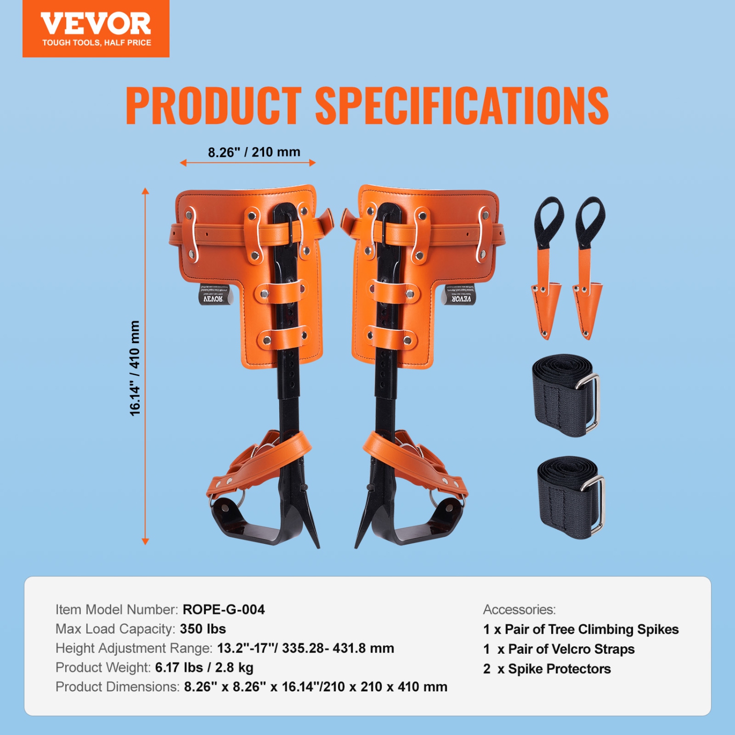 VEVOR 1 Pair Alloy Steel Climbing Spurs, 350lbs Load Capacity Tree Climbing Gear with Straps and Spike Protectors, Arborist Equipment for Climbers,