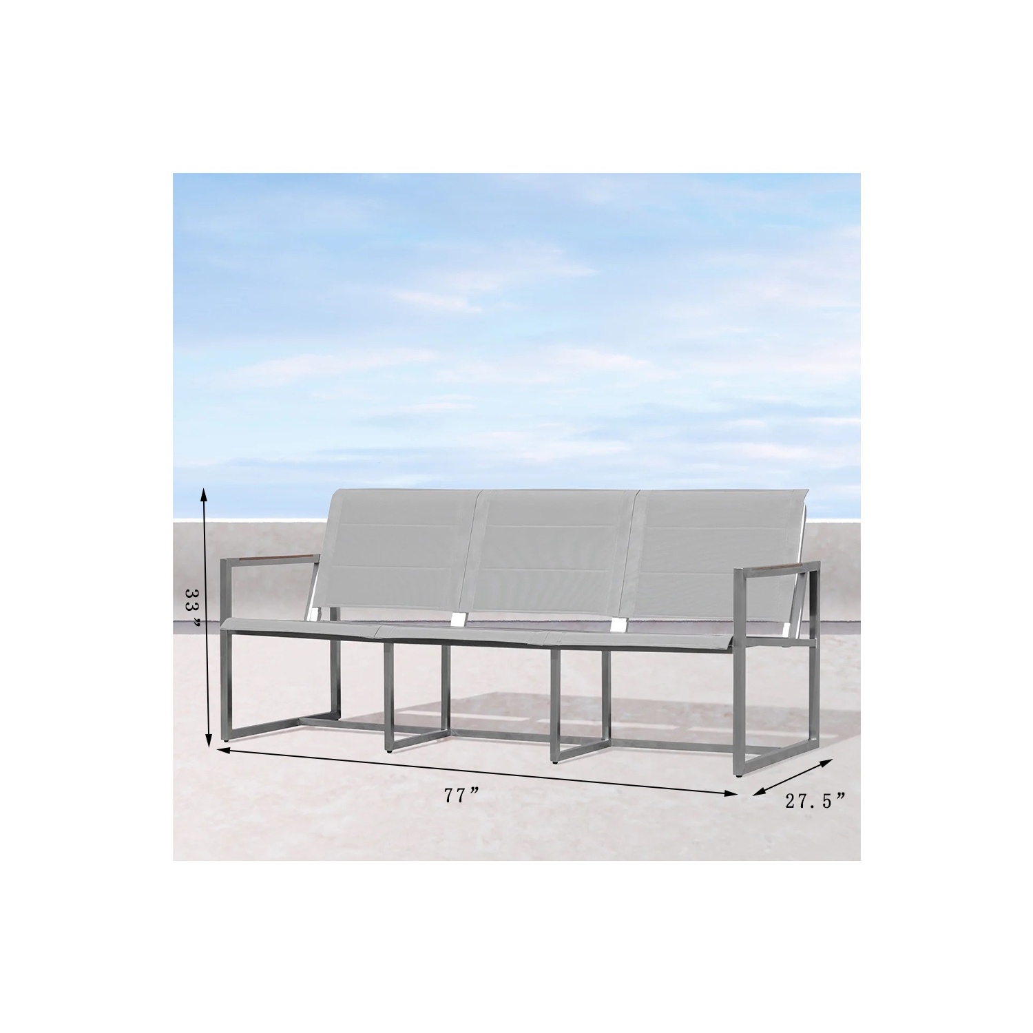 Krikacy Stainless Steel Teak Outdoor Three Seater Sofa, All Weather Furniture, Modern, Silver