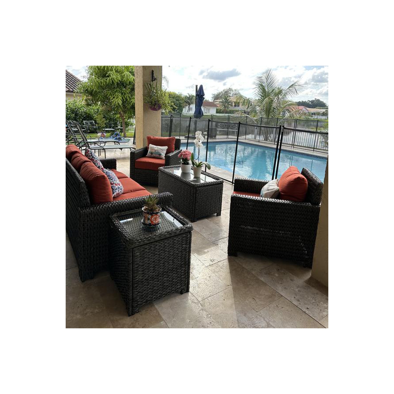 Krikacy – Table d'appoint Laguna en osier, dessus en verre trempé, rotin résistant aux intempéries, brun