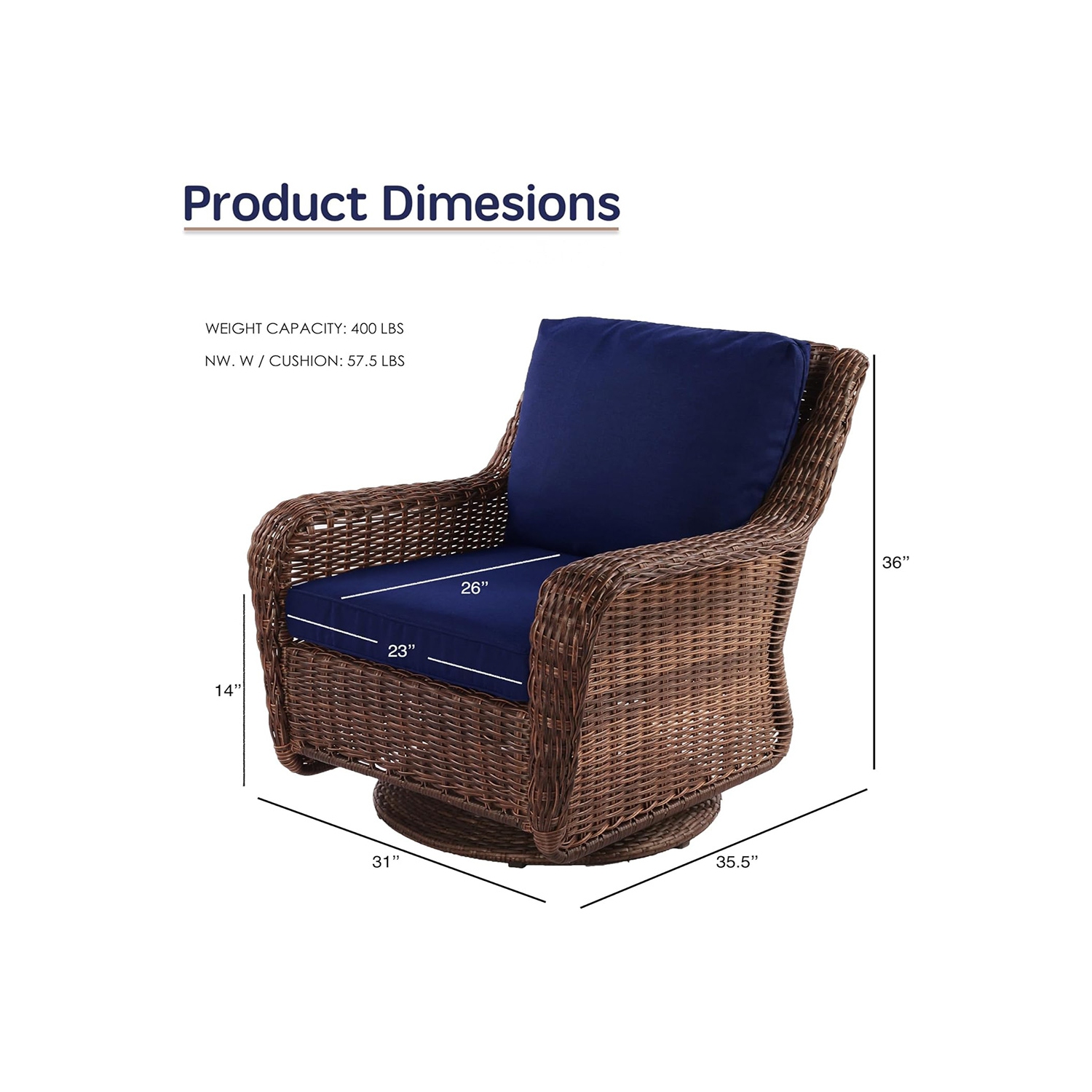 Chaise berçante en rotin Krikacy, pivotante, meubles tressés à la main résistants aux intempéries pour véranda/terrasse, bleu