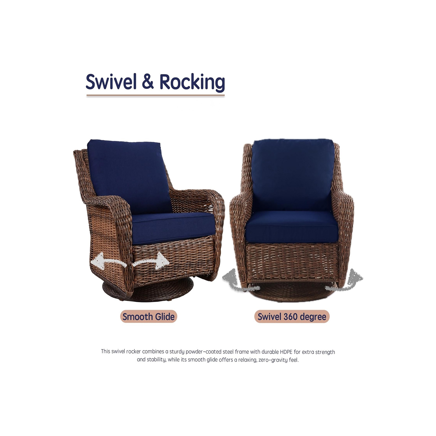 Chaise berçante en rotin Krikacy, pivotante, meubles tressés à la main résistants aux intempéries pour véranda/terrasse, bleu