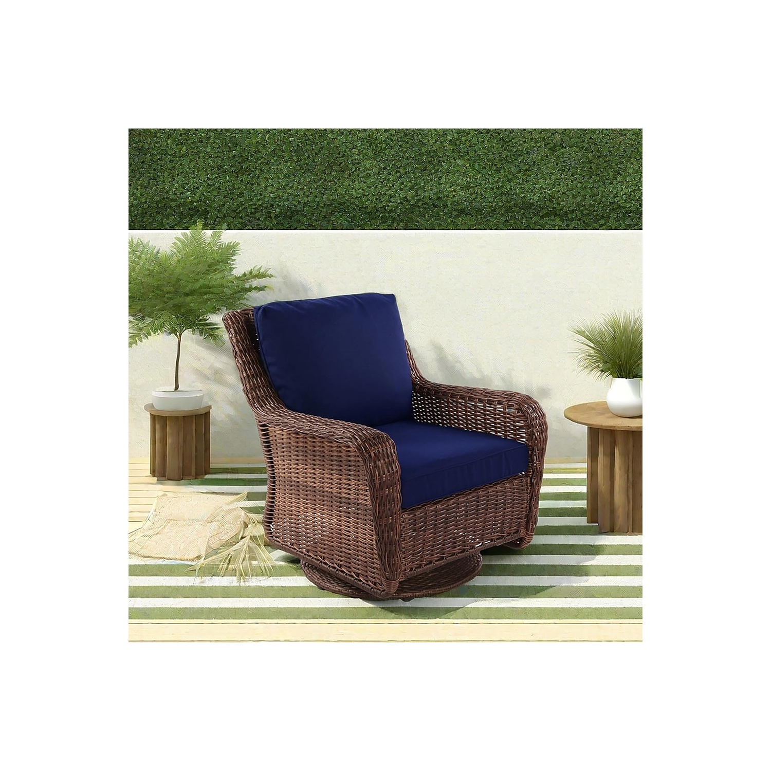 Chaise berçante en rotin Krikacy, pivotante, meubles tressés à la main résistants aux intempéries pour véranda/terrasse, bleu