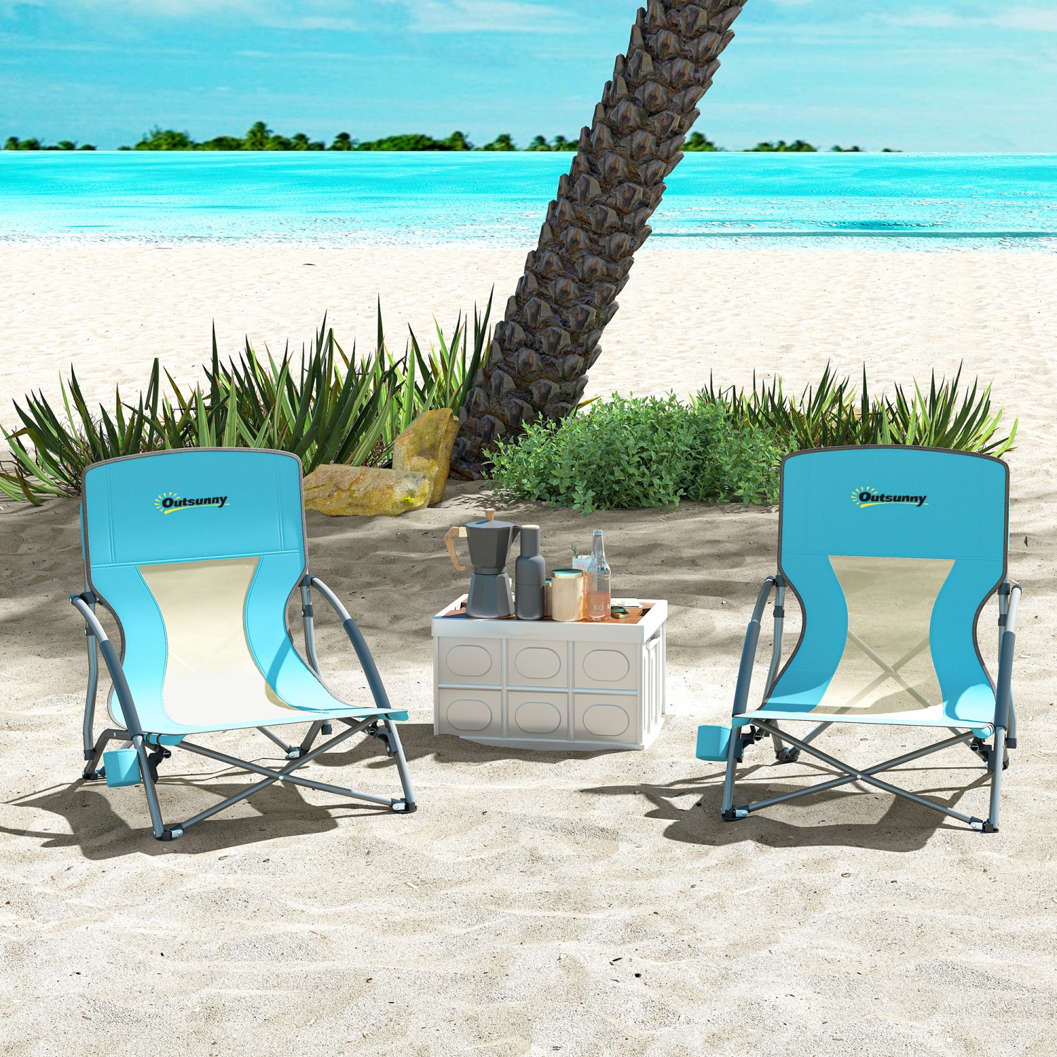 Outsunny Set of 2 Backpack Beach Chair, Folding Camping Chair with Mesh Back, Carry Bag and Cup Holder, Lightweight and Portable for Outdoor Lawn