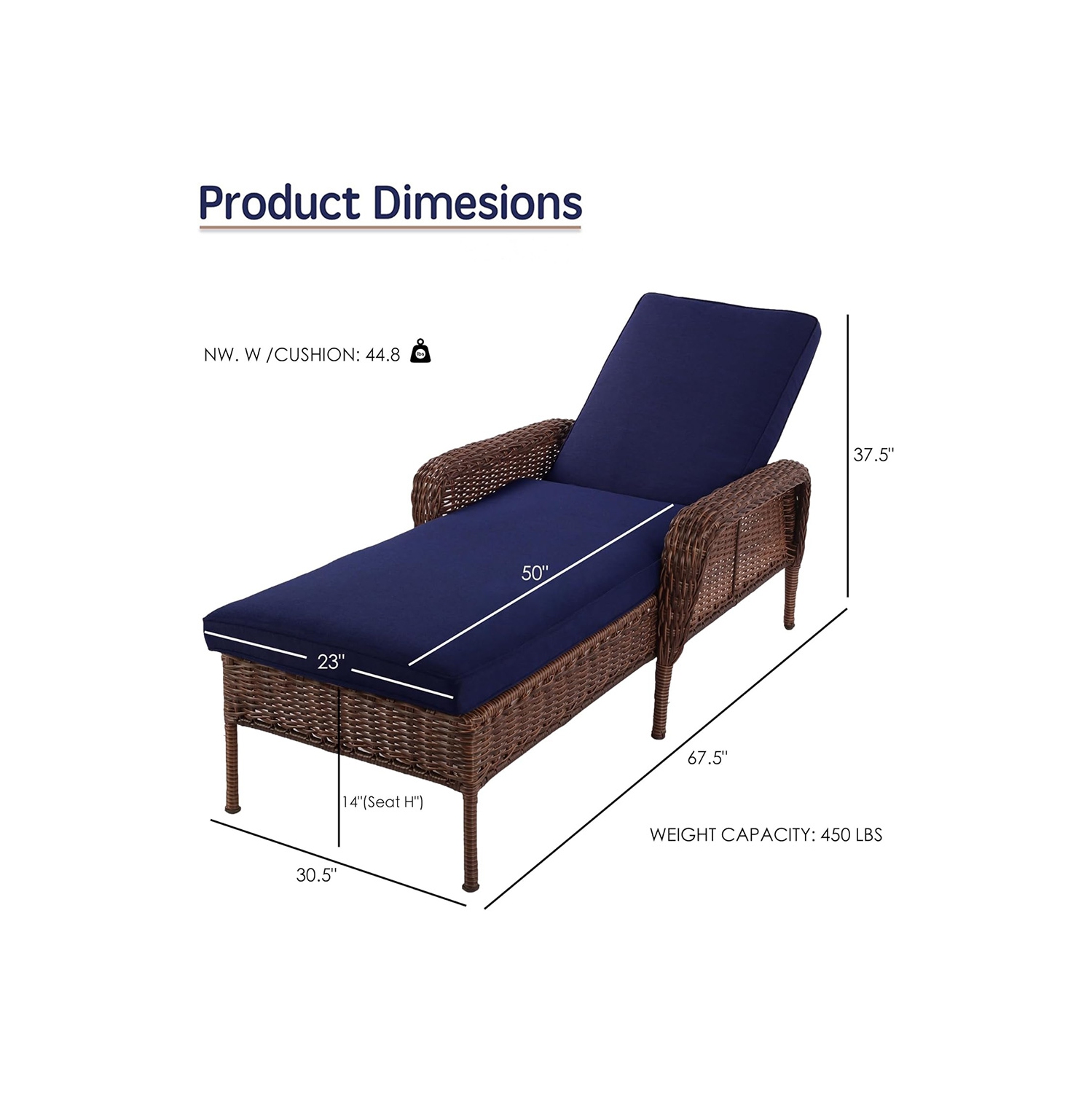 Krikacy Outdoor Lounge Chair, Adjustable, All-Weather Handwoven Rattan for Patio/Poolside, Blue