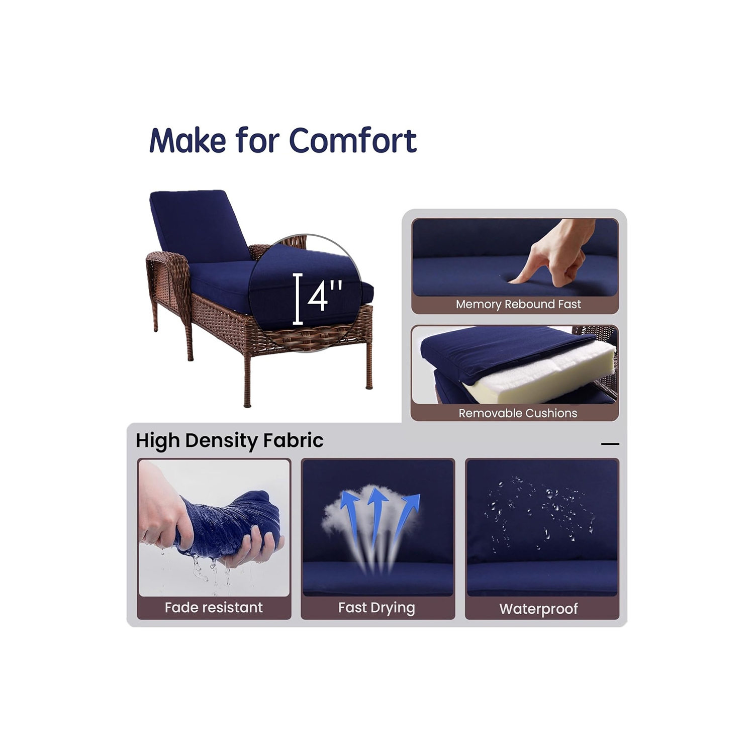 Krikacy Outdoor Lounge Chair, Adjustable, All-Weather Handwoven Rattan for Patio/Poolside, Blue