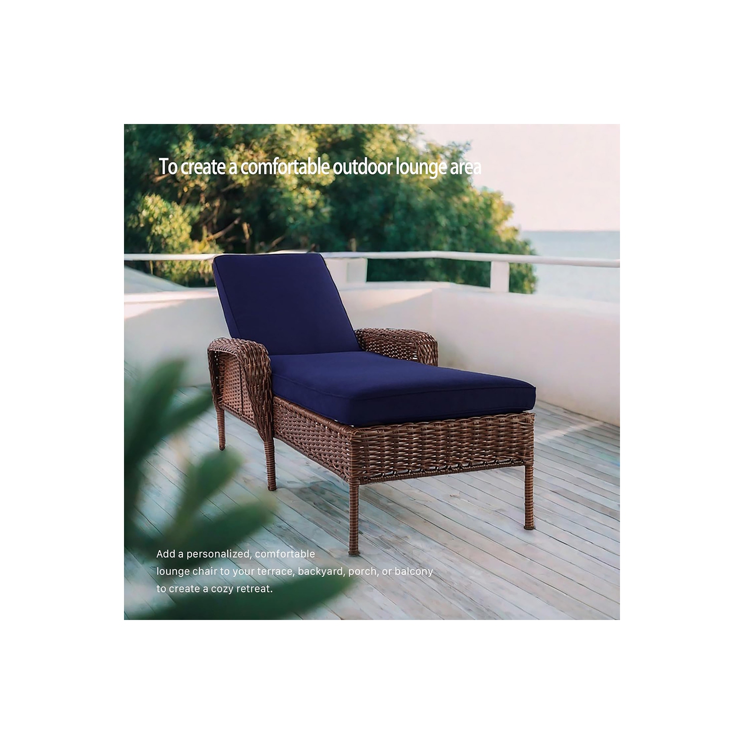 Krikacy Outdoor Lounge Chair, Adjustable, All-Weather Handwoven Rattan for Patio/Poolside, Blue