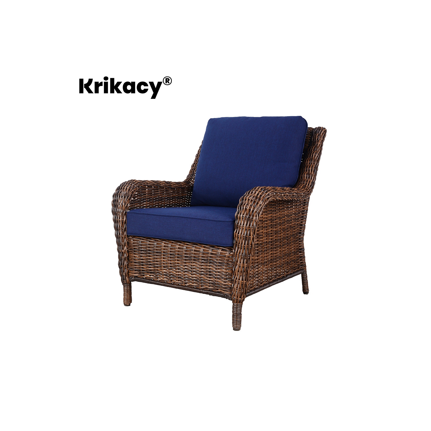Krikacy Cambridge Outdoor Rattan Chair with Blue Cushions, Handwoven, All-Weather for Porch/Deck