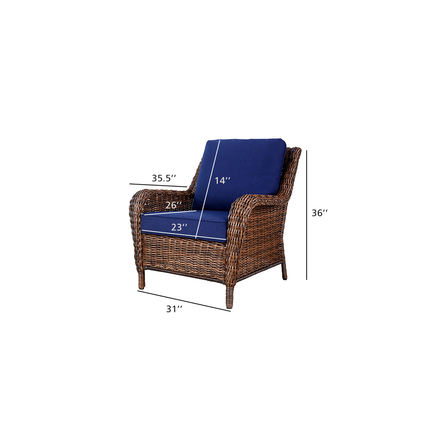 Krikacy Cambridge Outdoor Rattan Chair with Blue Cushions, Handwoven, All-Weather for Porch/Deck