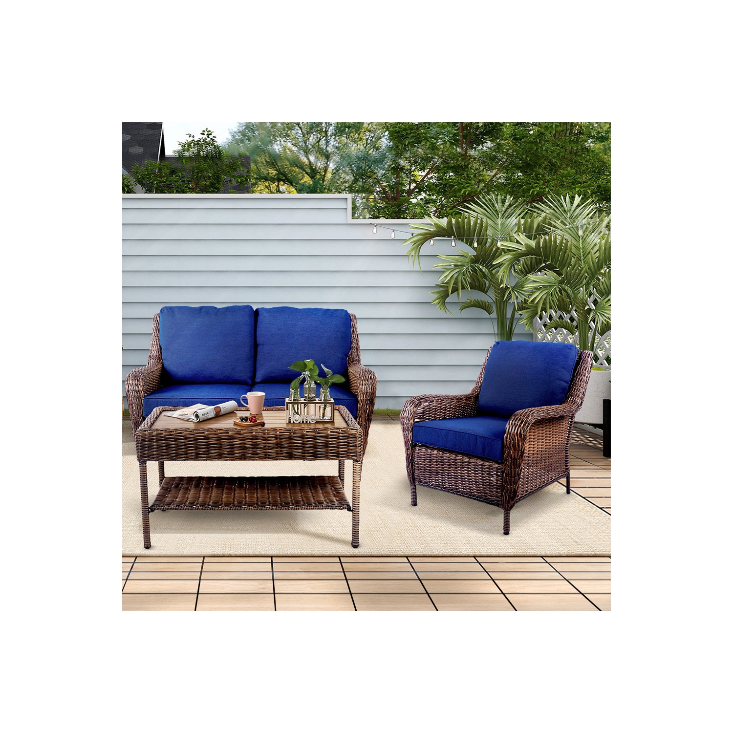 Krikacy Cambridge Outdoor Rattan Chair with Blue Cushions, Handwoven, All-Weather for Porch/Deck