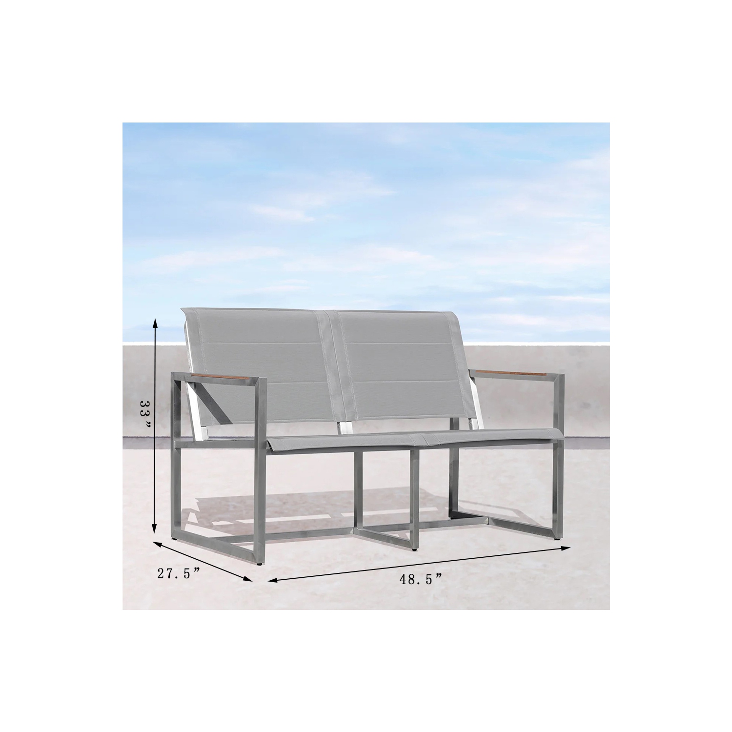 Krikacy Stainless Steel Teak Outdoor Loveseat, All Weather Furniture, Modern, Silver