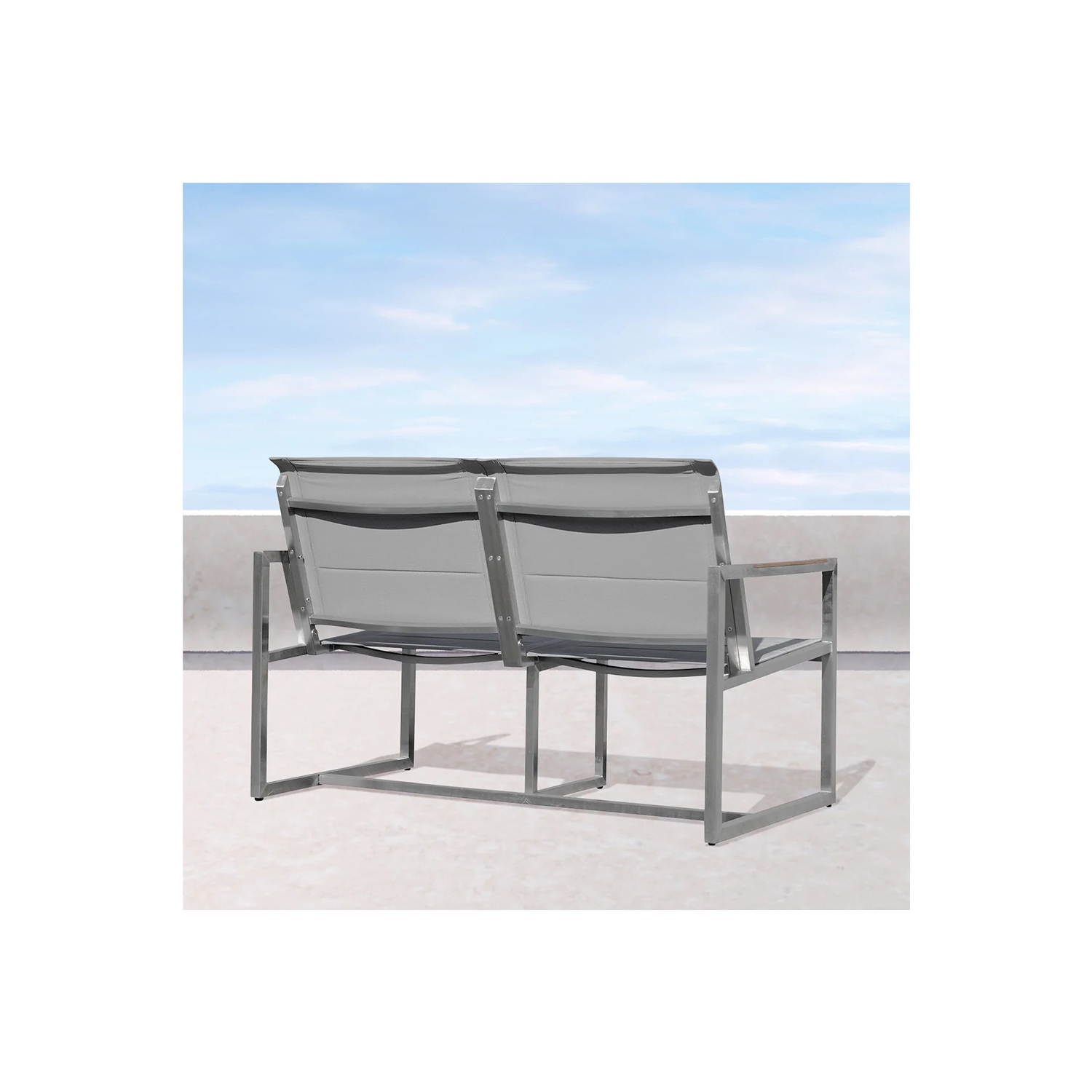 Krikacy Stainless Steel Teak Outdoor Loveseat, All Weather Furniture, Modern, Silver