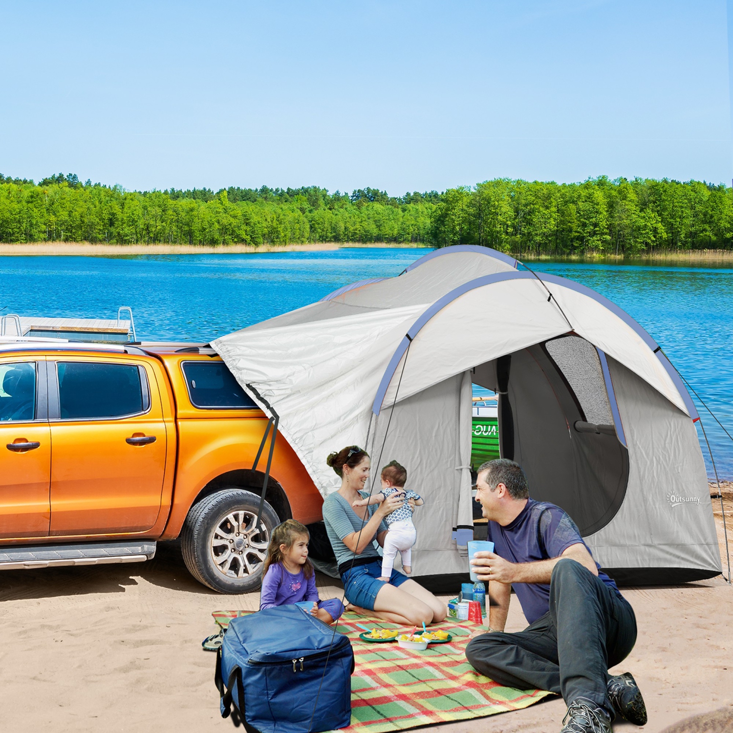 Outsunny SUV Tent, 2000mm Waterproof Car Tent with 3 Doors and Mesh Window, for 5-6 Person Camping Outdoor Travel, Grey and Blue
