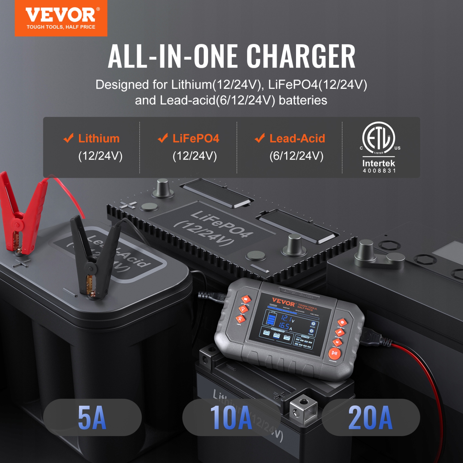 VEVOR 20-Amp Smart Battery Charger, Lithium LiFePO4 Lead-Acid Car Battery Charger with LCD Display, Trickle Charger Maintainer Desulfator for Boat