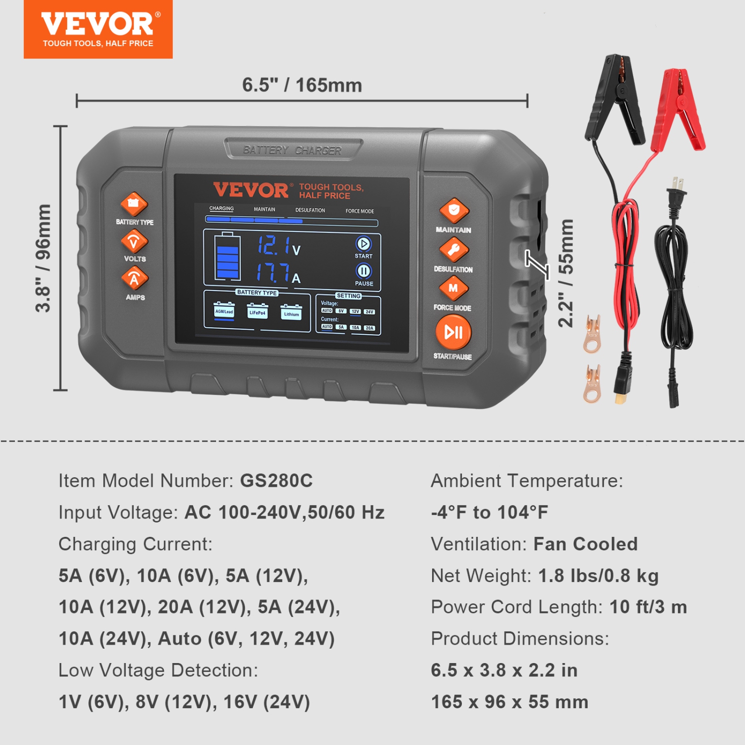 VEVOR 20-Amp Smart Battery Charger, Lithium LiFePO4 Lead-Acid Car Battery Charger with LCD Display, Trickle Charger Maintainer Desulfator for Boat