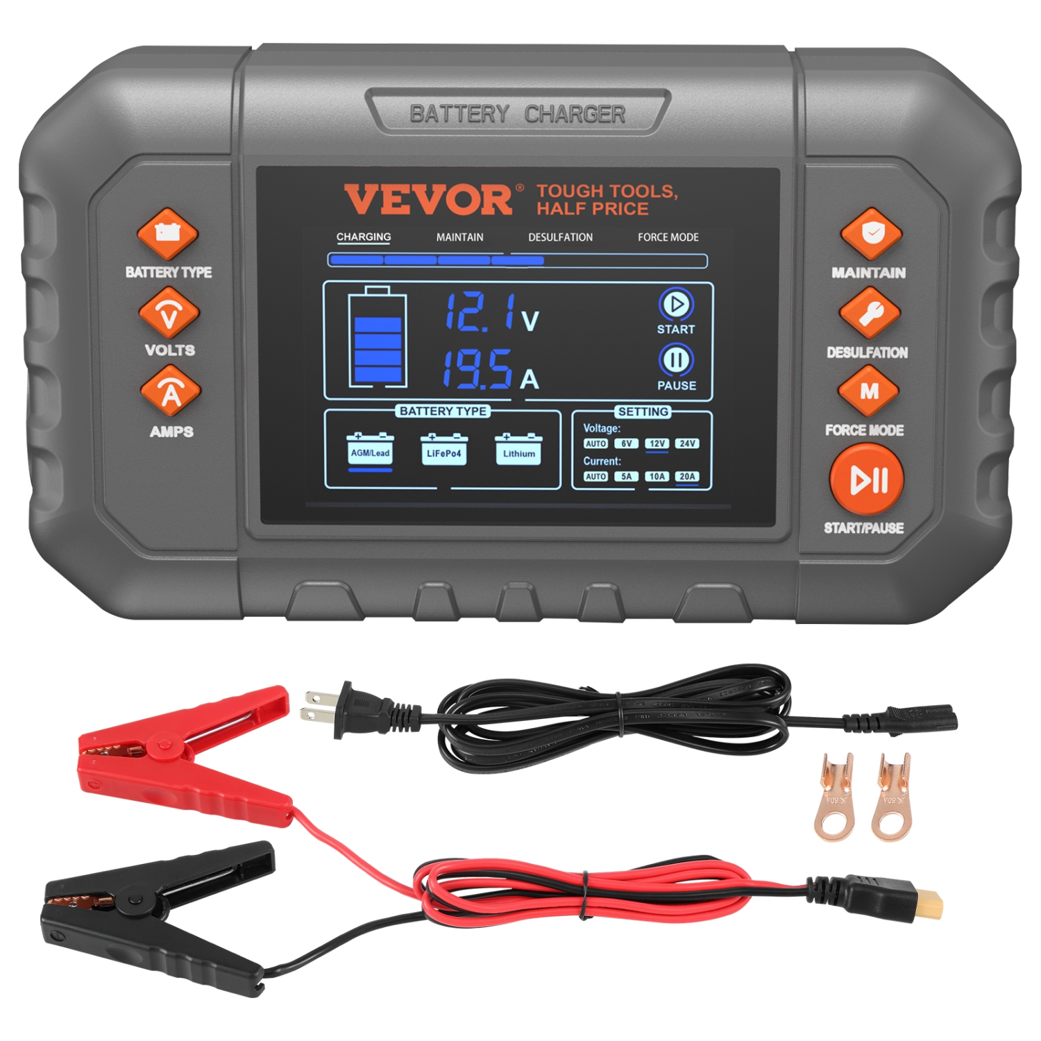 VEVOR 20-Amp Smart Battery Charger, Lithium LiFePO4 Lead-Acid Car Battery Charger with LCD Display, Trickle Charger Maintainer Desulfator for Boat