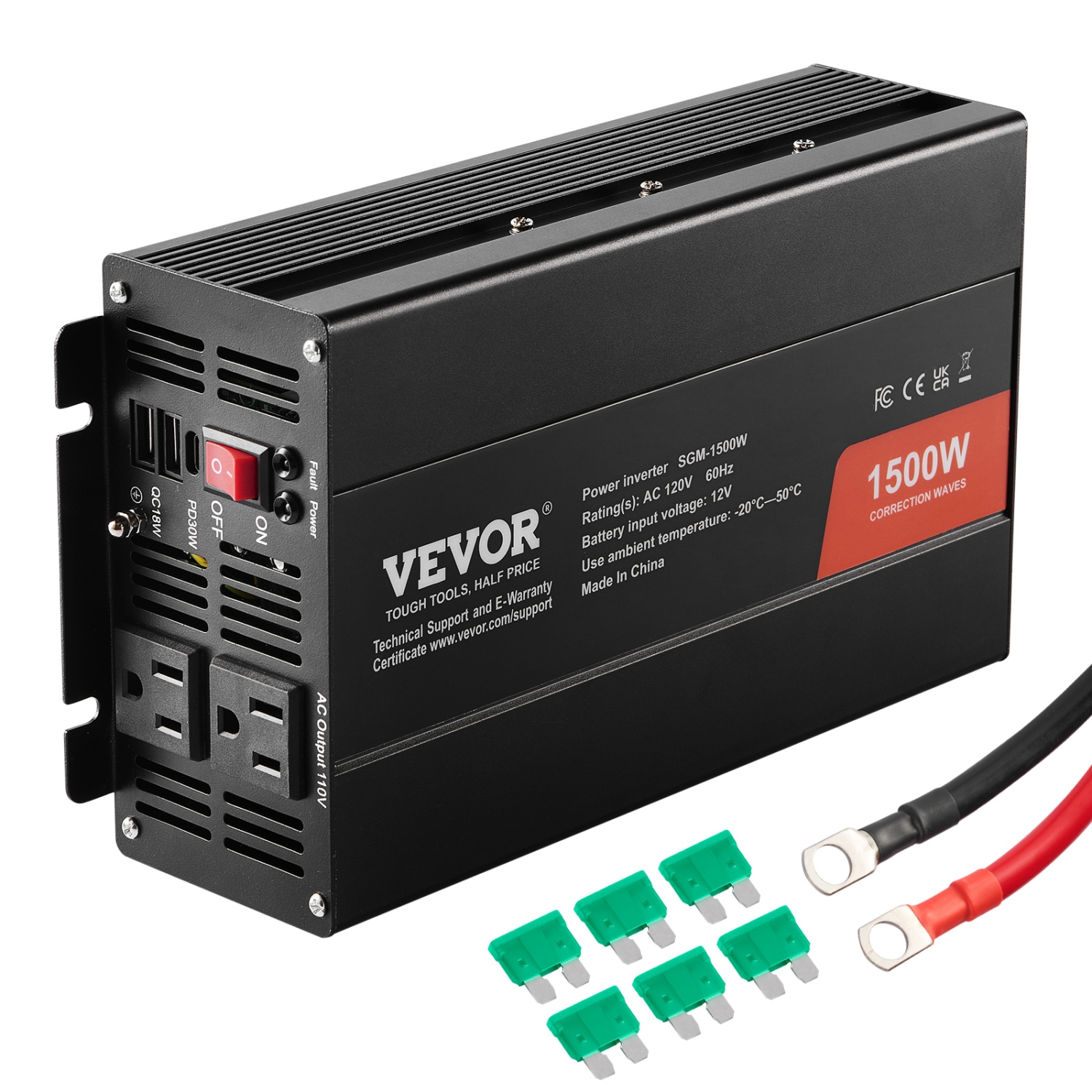 VEVOR 1500W Modified Sine Wave Inverter, DC 12V to AC 120V Power Inverter with 2 AC Outlets 2 USB Port 1 Type-C Port 6 Spare Fuses, for Small Home
