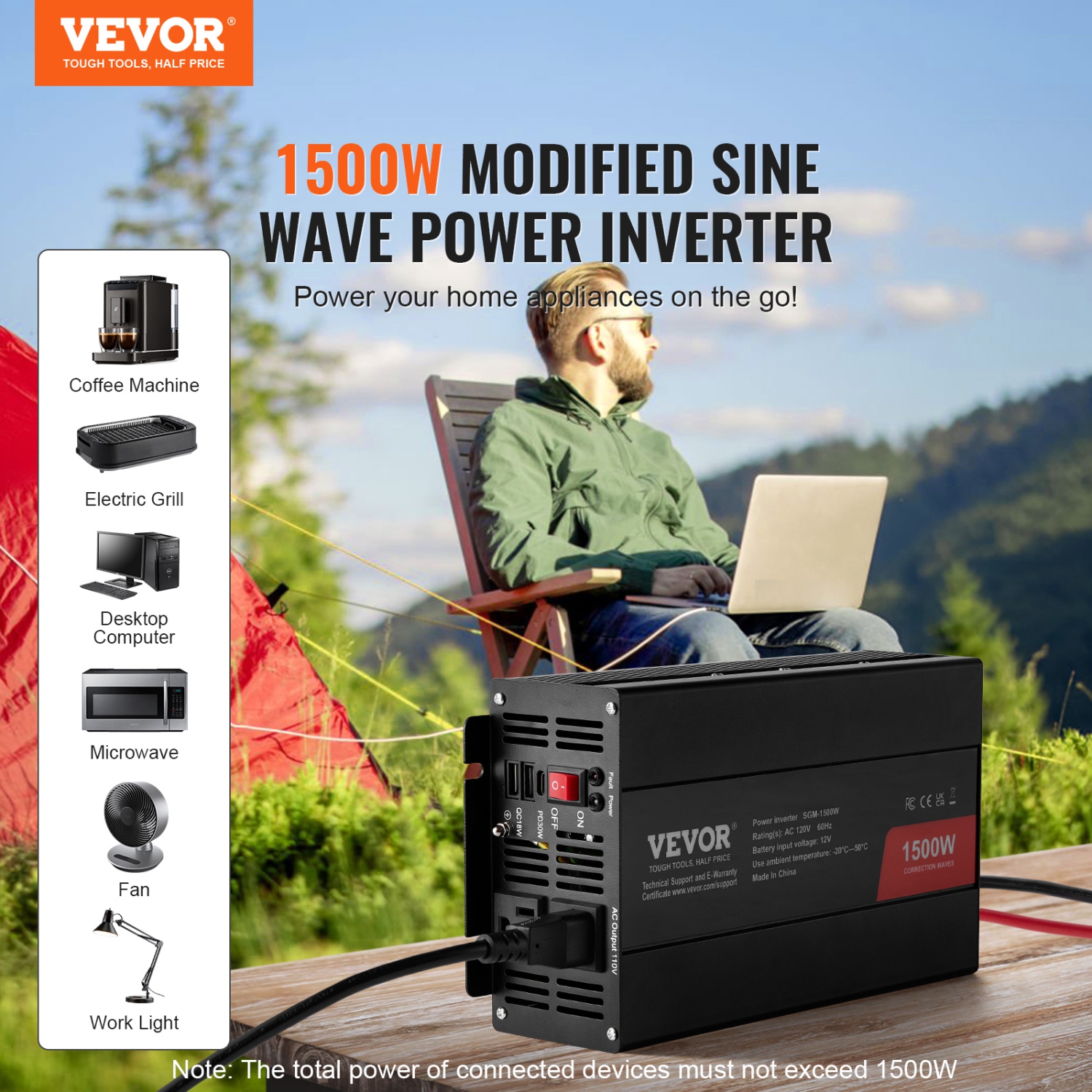 VEVOR 1500W Modified Sine Wave Inverter, DC 12V to AC 120V Power Inverter with 2 AC Outlets 2 USB Port 1 Type-C Port 6 Spare Fuses, for Small Home