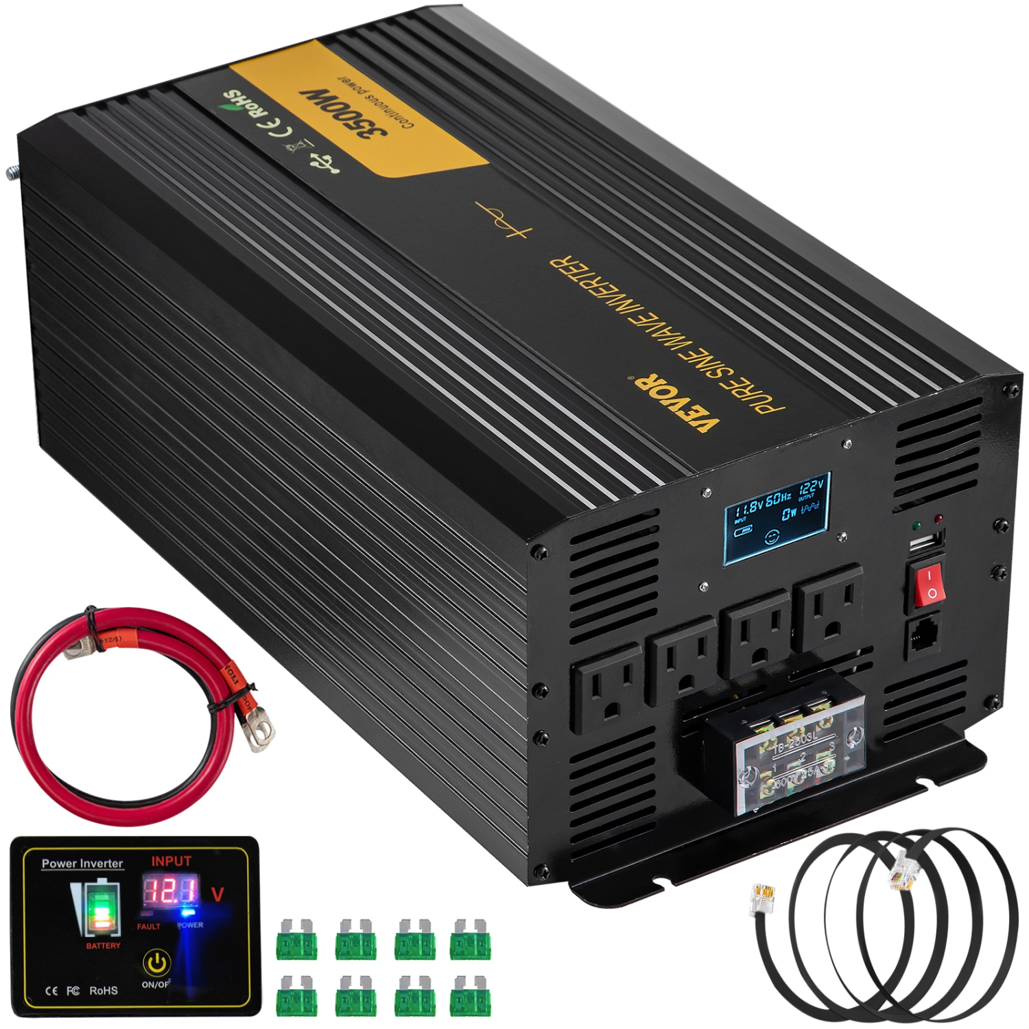VEVOR 3500 Watt Pure Sine Wave Inverter Power Inverter, DC 12V to AC 120V Car Inverter, with USB Port LCD Display Remote Controller and AC Outlets,