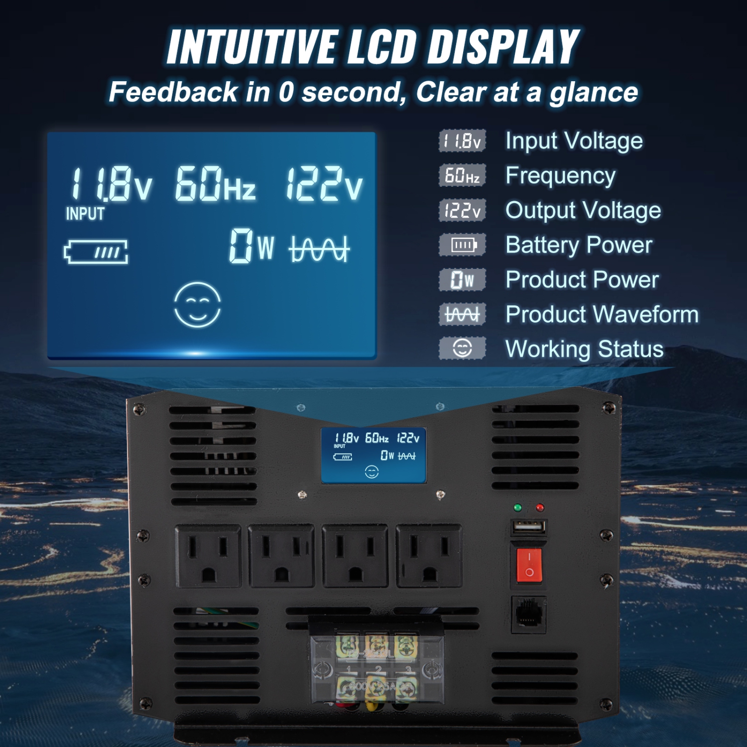 VEVOR 3500 Watt Pure Sine Wave Inverter Power Inverter, DC 12V to AC 120V Car Inverter, with USB Port LCD Display Remote Controller and AC Outlets,