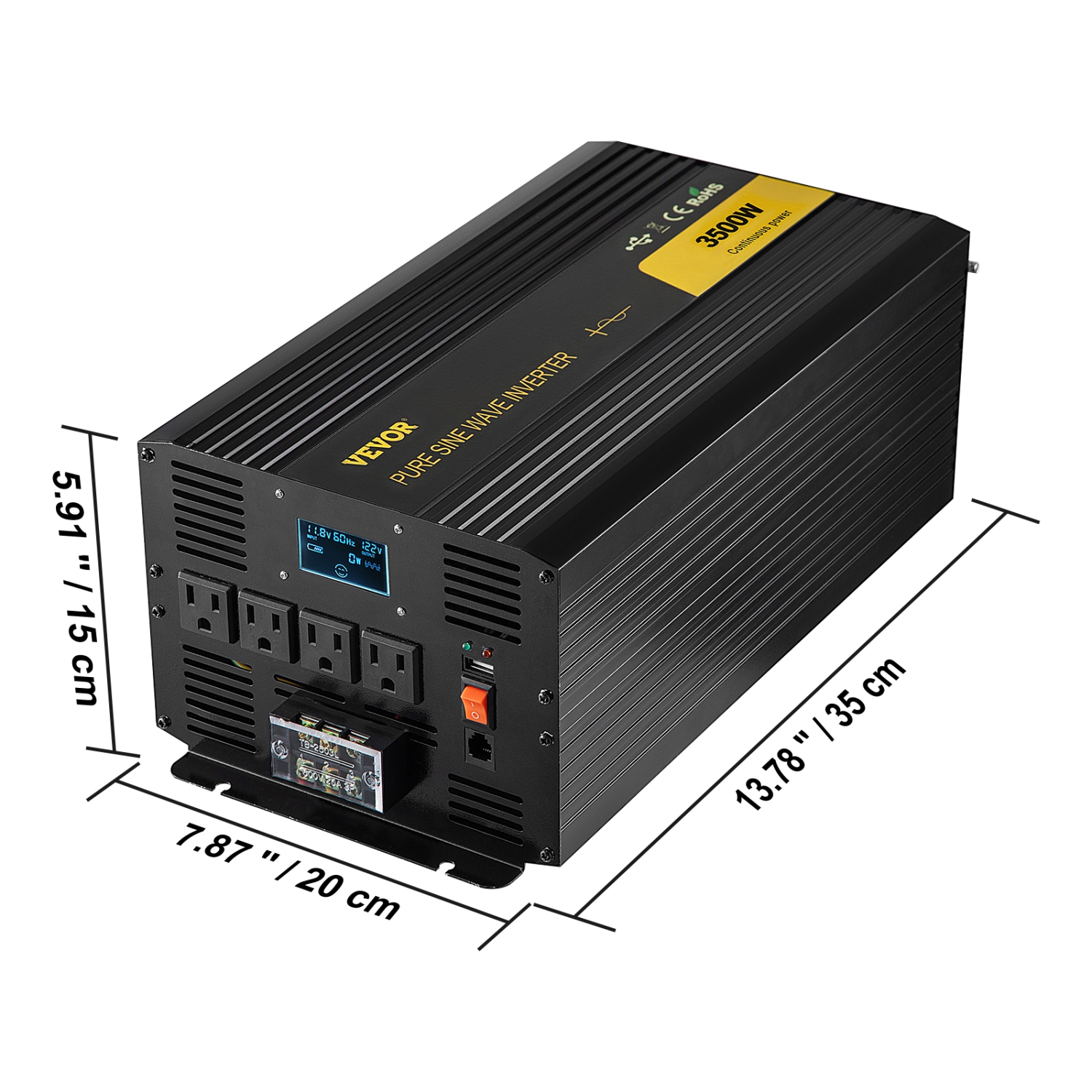 VEVOR 3500 Watt Pure Sine Wave Inverter Power Inverter, DC 12V to AC 120V Car Inverter, with USB Port LCD Display Remote Controller and AC Outlets,